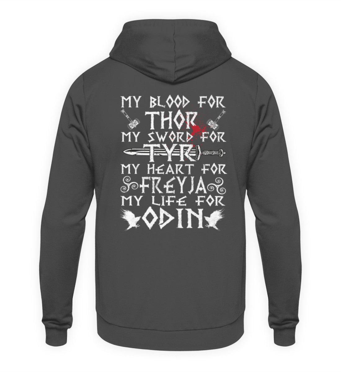 Wikinger-Treue-Hoodie: "My Blood for Thor, My Sword for Tyr, My Heart for Freyja, My Life for Odin" - Nordic Viking Wear