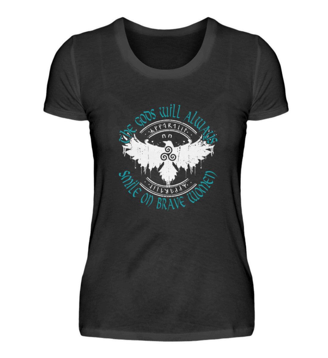 Schildmaiden Premiumshirt with "The Gods Will Always Smile on Brave Women" quote, Celtic Triskelion, and stylized eagle design with runes