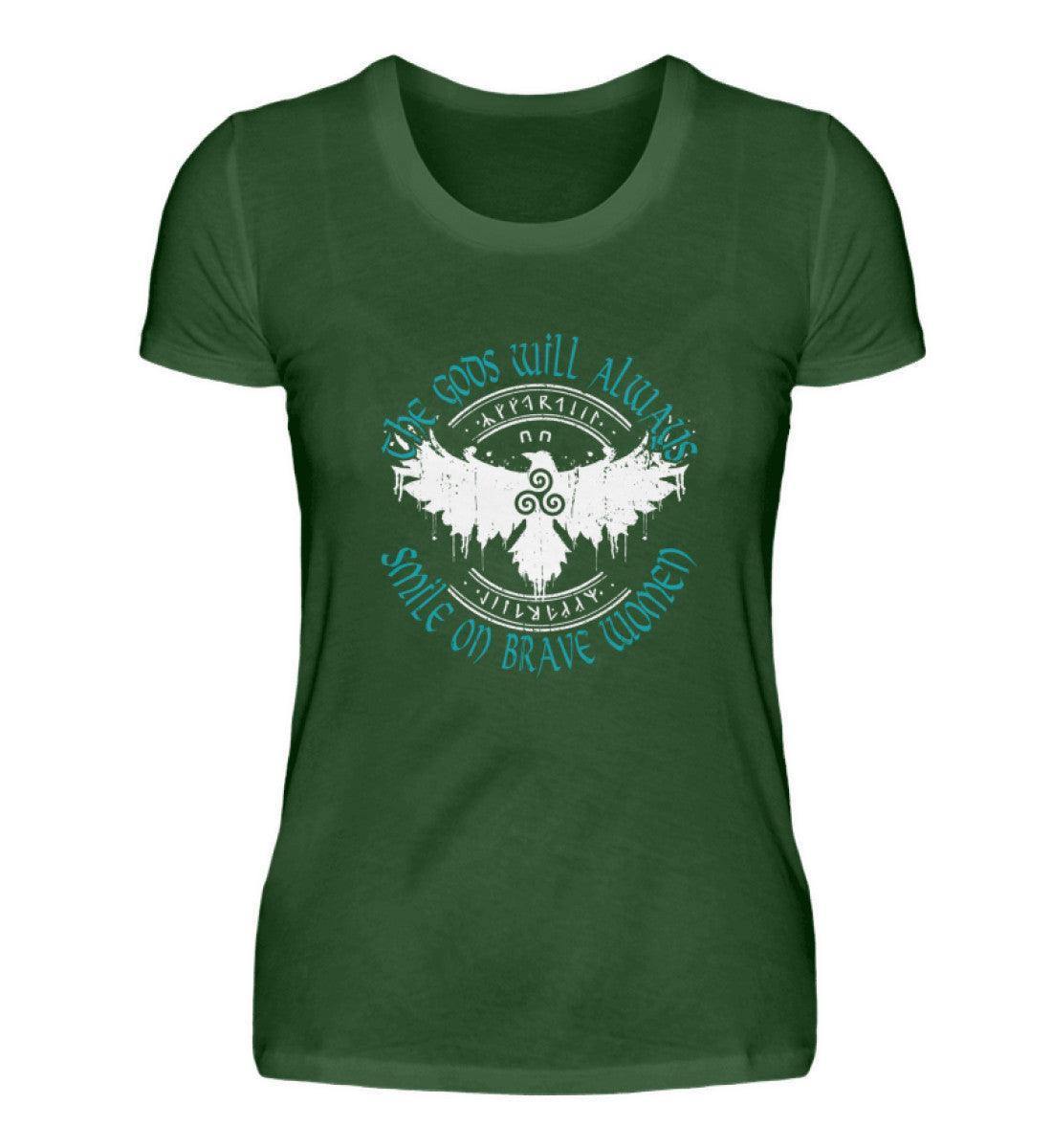Schildmaiden Premiumshirt mit kraftvollem Spruch "The Gods Will Always Smile on Brave Women", keltischem Triskelion und stilisiertem Adler.