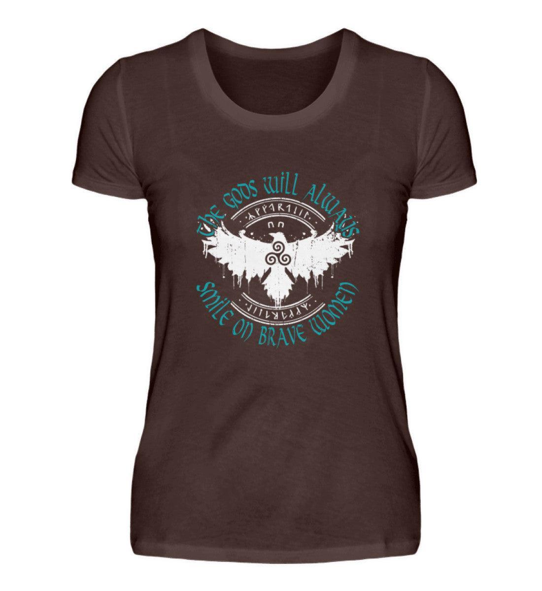 Schildmaiden Premiumshirt mit "The Gods Will Always Smile on Brave Women"-Spruch, Triskelion, Adler und Runen in keltischem Design