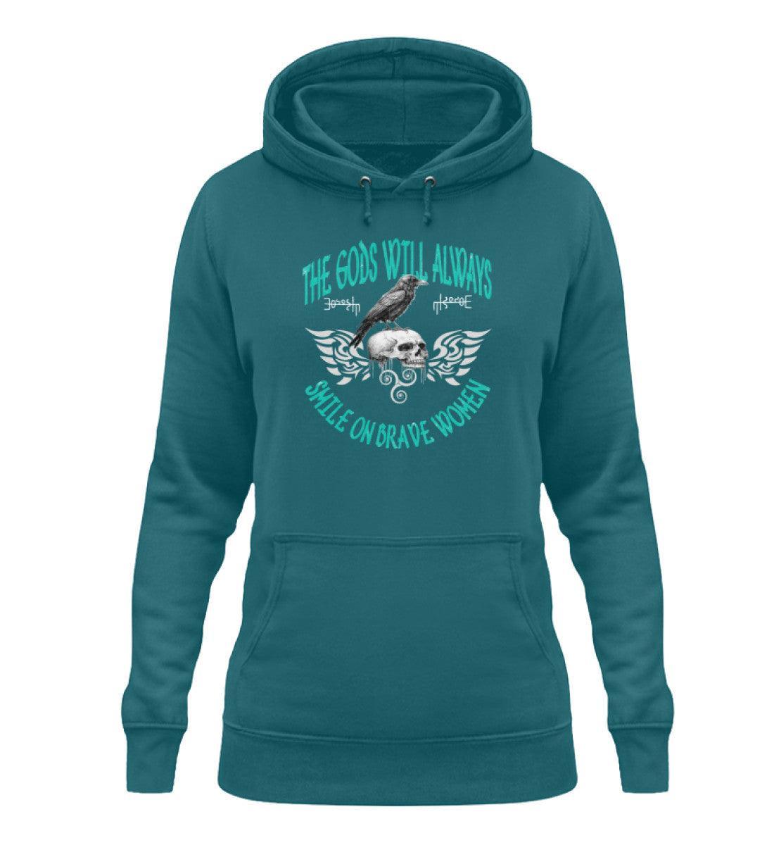 Schildmaiden Hoodie – "The Gods Will Always Smile On Brave Women" mit Triskele & Rabenmotiv - Nordic Viking Wear
