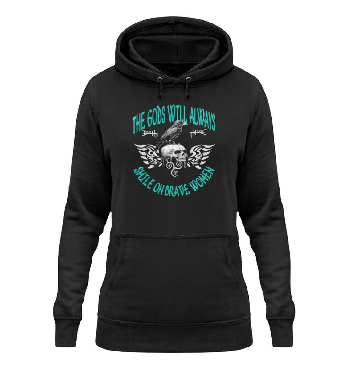 Schildmaiden Hoodie – "The Gods Will Always Smile On Brave Women" mit Triskele & Rabenmotiv - Nordic Viking Wear
