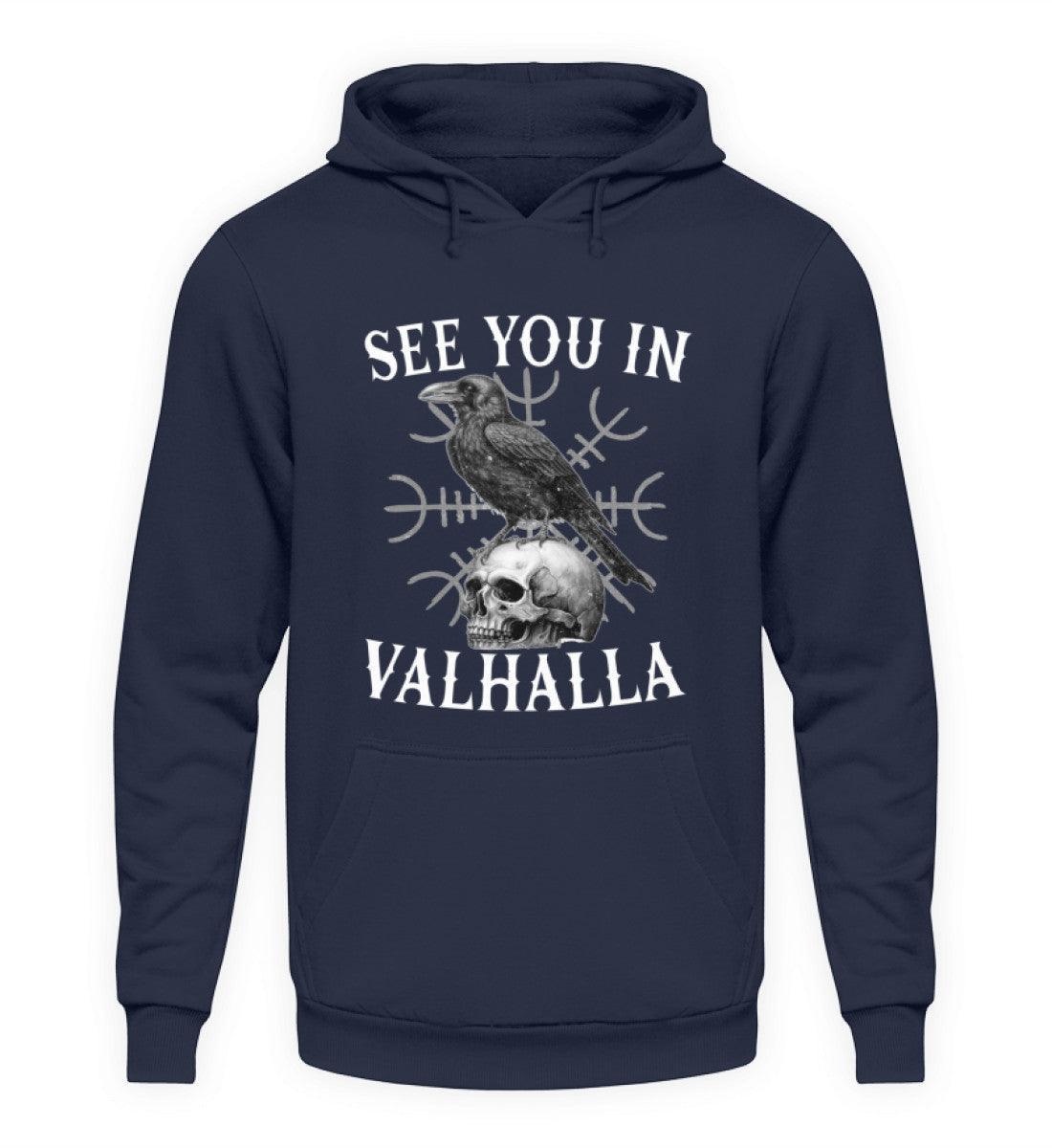 Wikinger Hoodie mit Helm Of Awe & Raben-Design - "See You In Valhalla" - Nordic Viking Wear