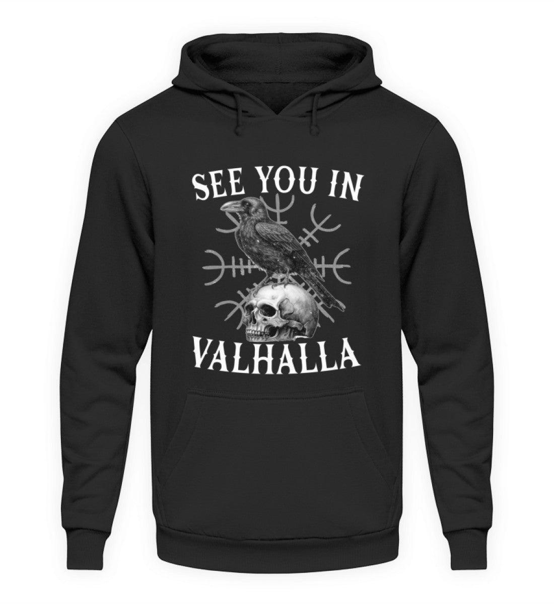 Wikinger Hoodie mit Helm Of Awe & Raben-Design - "See You In Valhalla" - Nordic Viking Wear