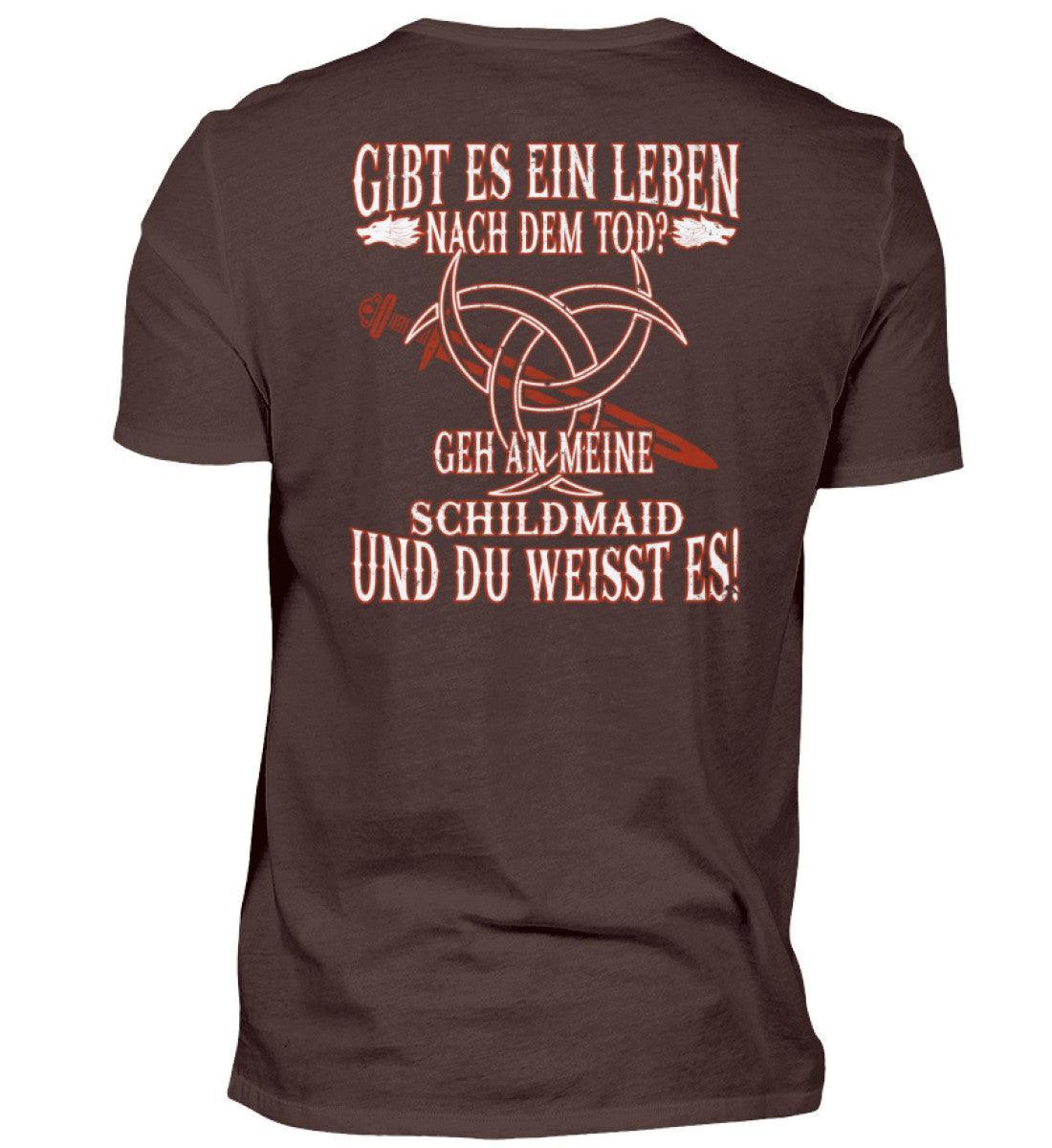 Wikinger Premiumshirt mit Spruch "Gibt es ein Leben nach dem Tod? Geh an meine Schildmaid und du weißt es!" und nordischen Symbolen.