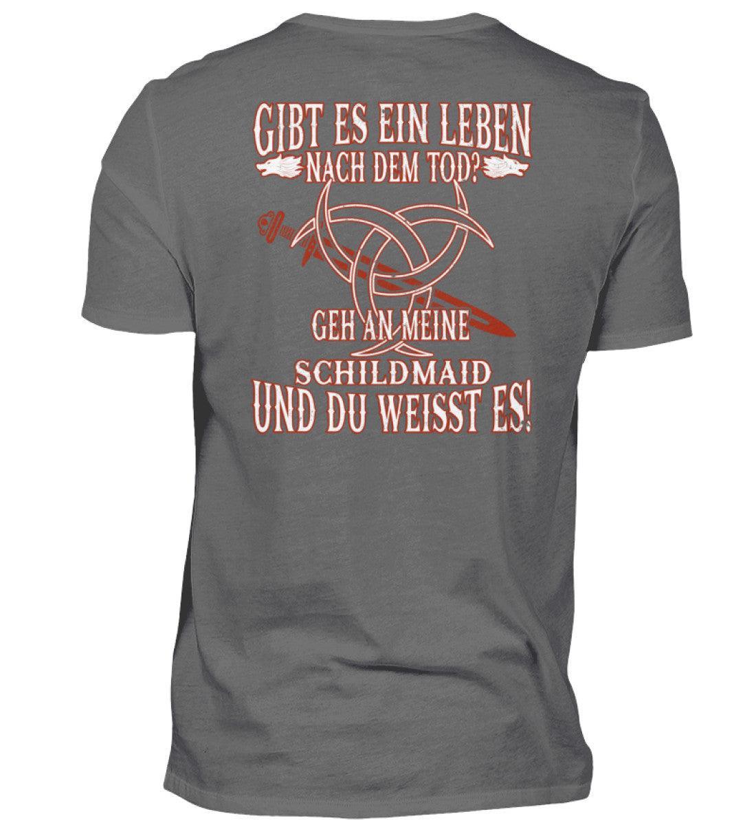 Wikinger-Premiumshirt mit humorvollem Spruch "Gibt es ein Leben nach dem Tod?" und nordischen Symbolen, Schwert und keltischem Knoten