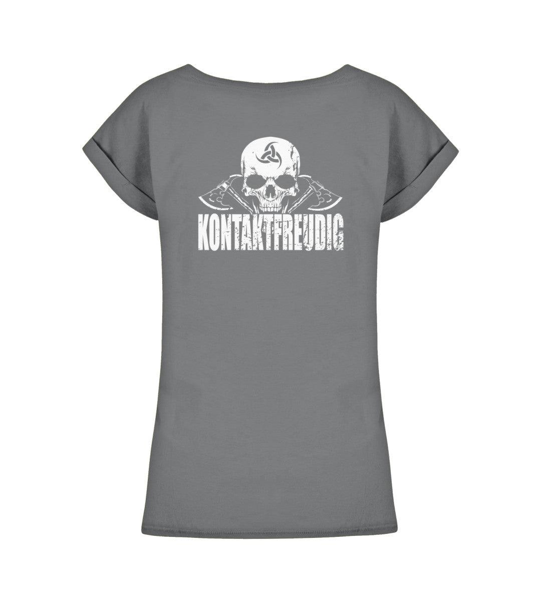 Schildmaiden Extendet Shirt – „Kontaktfreudig“-Design mit Totenkopf & Wikinger-Äxten - Nordic Viking Wear