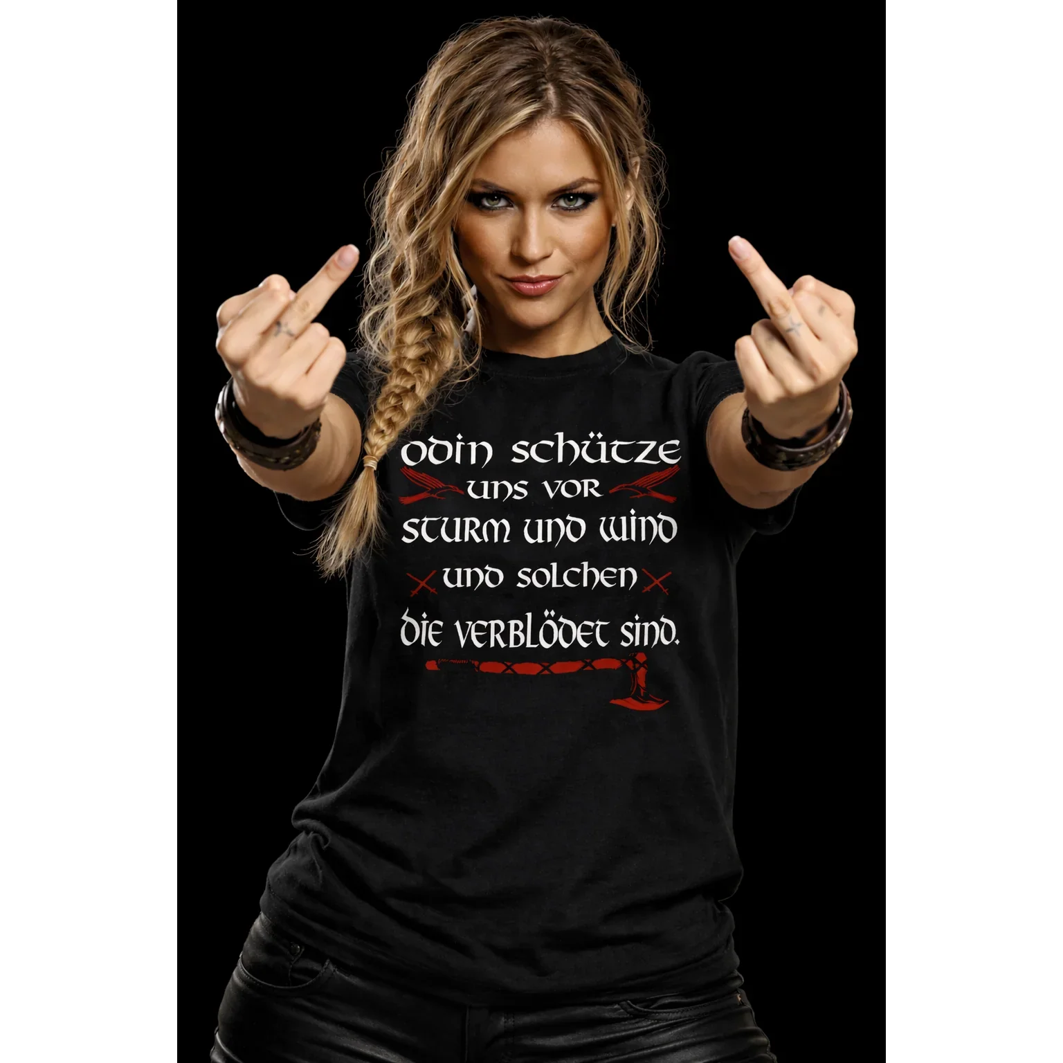 Schildmaiden Premiumshirt Frontprint Odin Schütze uns vor Sturm und Wind .