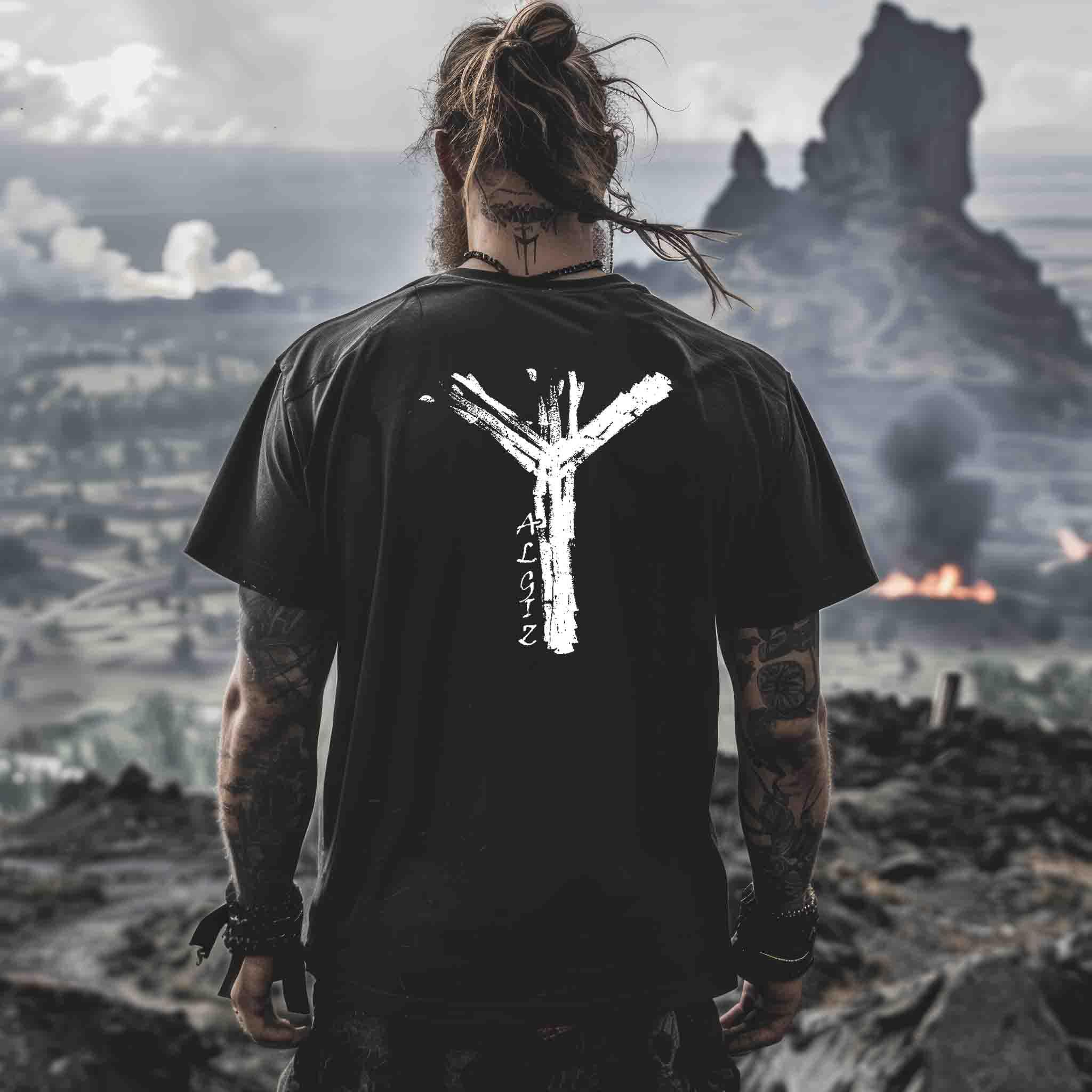 Wikinger Premium Shirt Front und Backprint mit Algiz-Rune mit Nordischer Schutzrune - Nordic Viking Wear