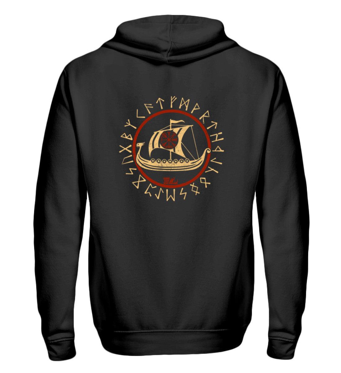 🛡 Zipp-Hoodie „Wikinger Drachenboot mit Runen & Vegvisir“ ⚔ - Nordic Viking Wear