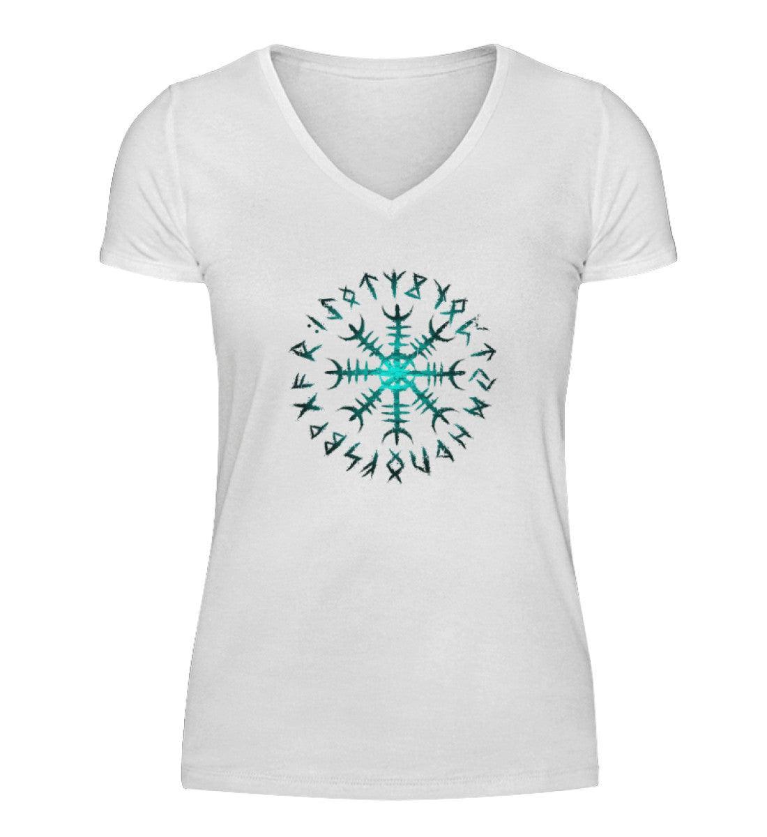 Schildmaiden Helm des Schreckens V-Neck – Mystischer Runenkreis - V-Neck Damenshirt - Nordic Viking Wear