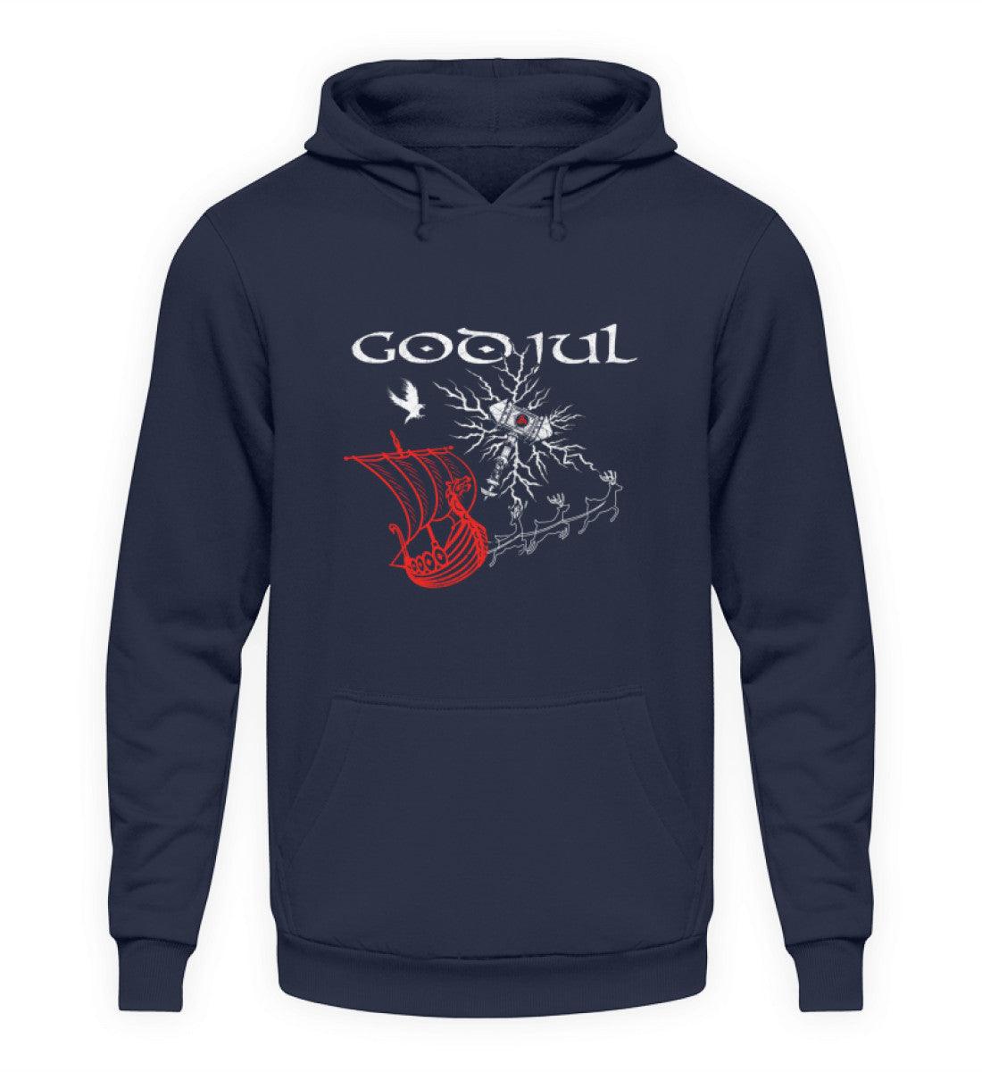 Wikinger Weihnachts-Hoodie – God Jul Design mit Thors Hammer & Drachenboot - Nordic Viking Wear
