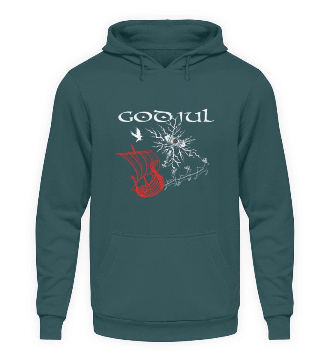 Wikinger Weihnachts-Hoodie – God Jul Design mit Thors Hammer & Drachenboot - Nordic Viking Wear