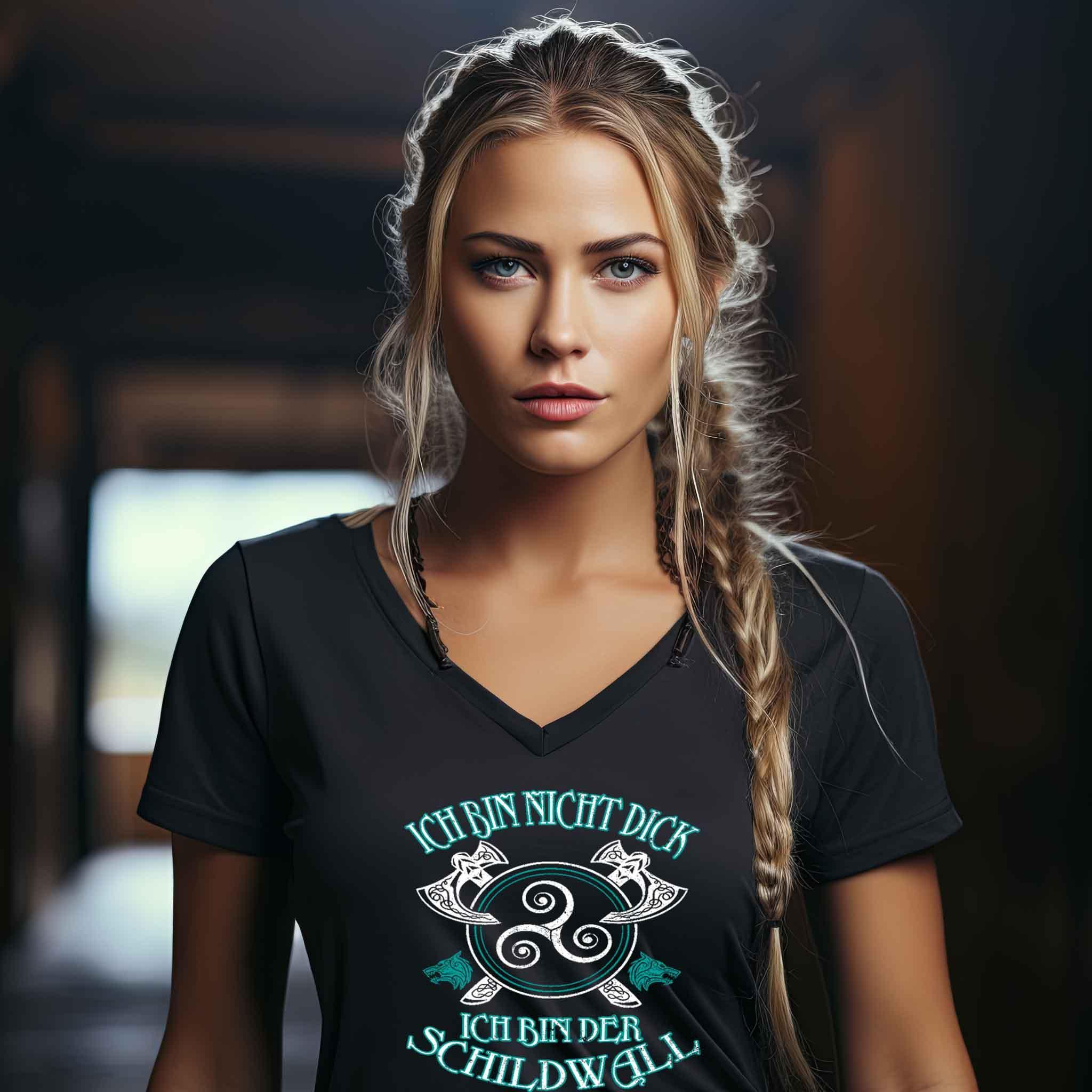 Schildmaiden V-Neck - "Ich Bin Nicht Dick, Ich Bin Der Schildwall" - Nordic Viking Wear