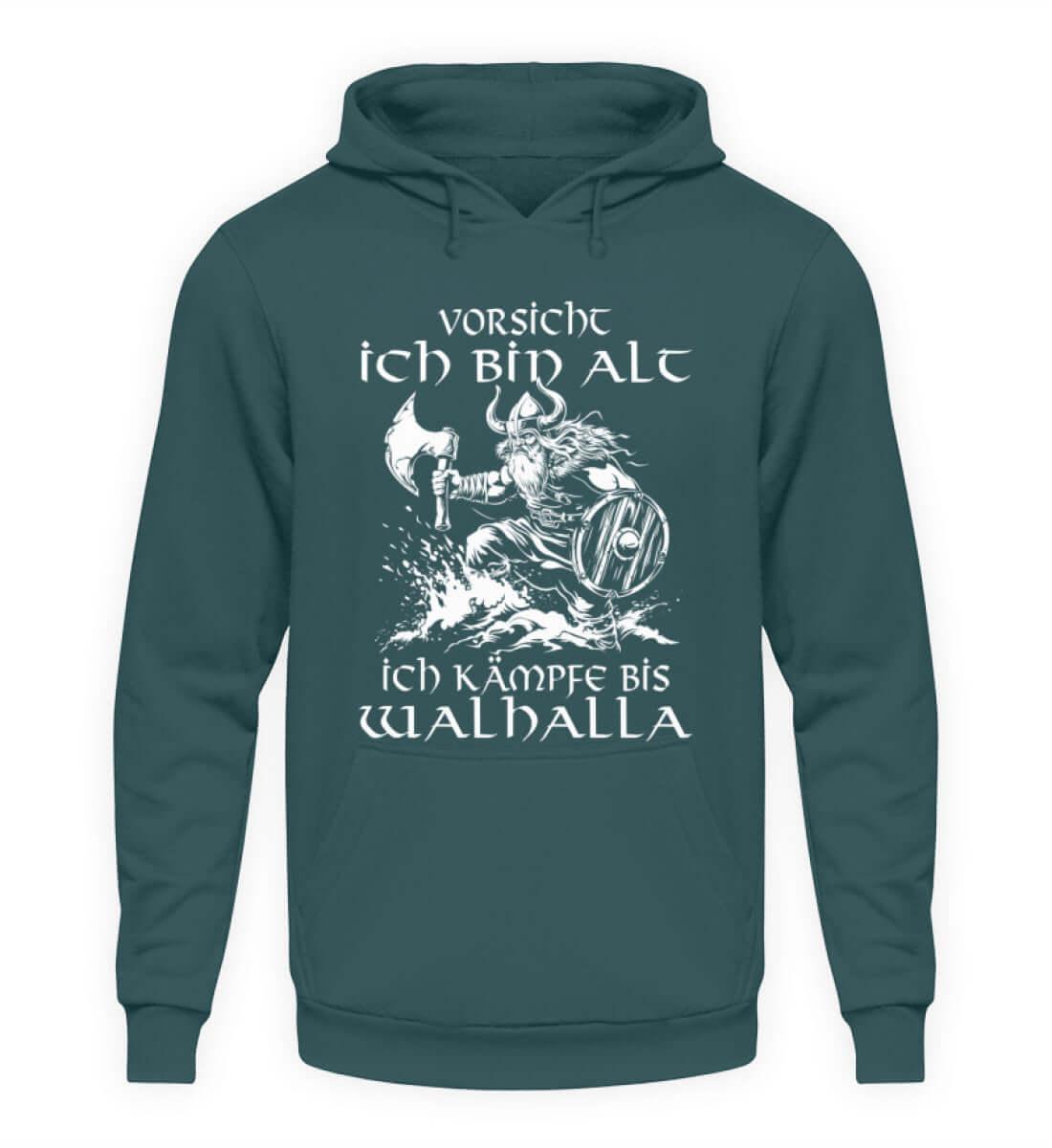 Lustiges Wikinger Hoodie - "Vorsicht, Ich Bin Alt. Ich Kämpfe bis Walhalla" - Nordic Viking Wear