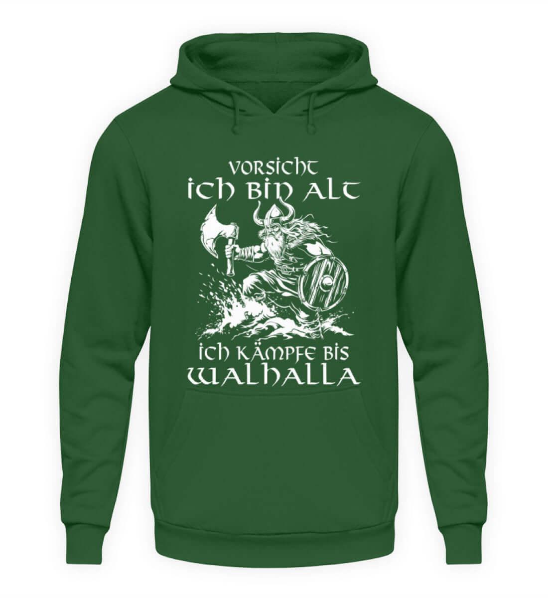 Lustiges Wikinger Hoodie - "Vorsicht, Ich Bin Alt. Ich Kämpfe bis Walhalla" - Nordic Viking Wear