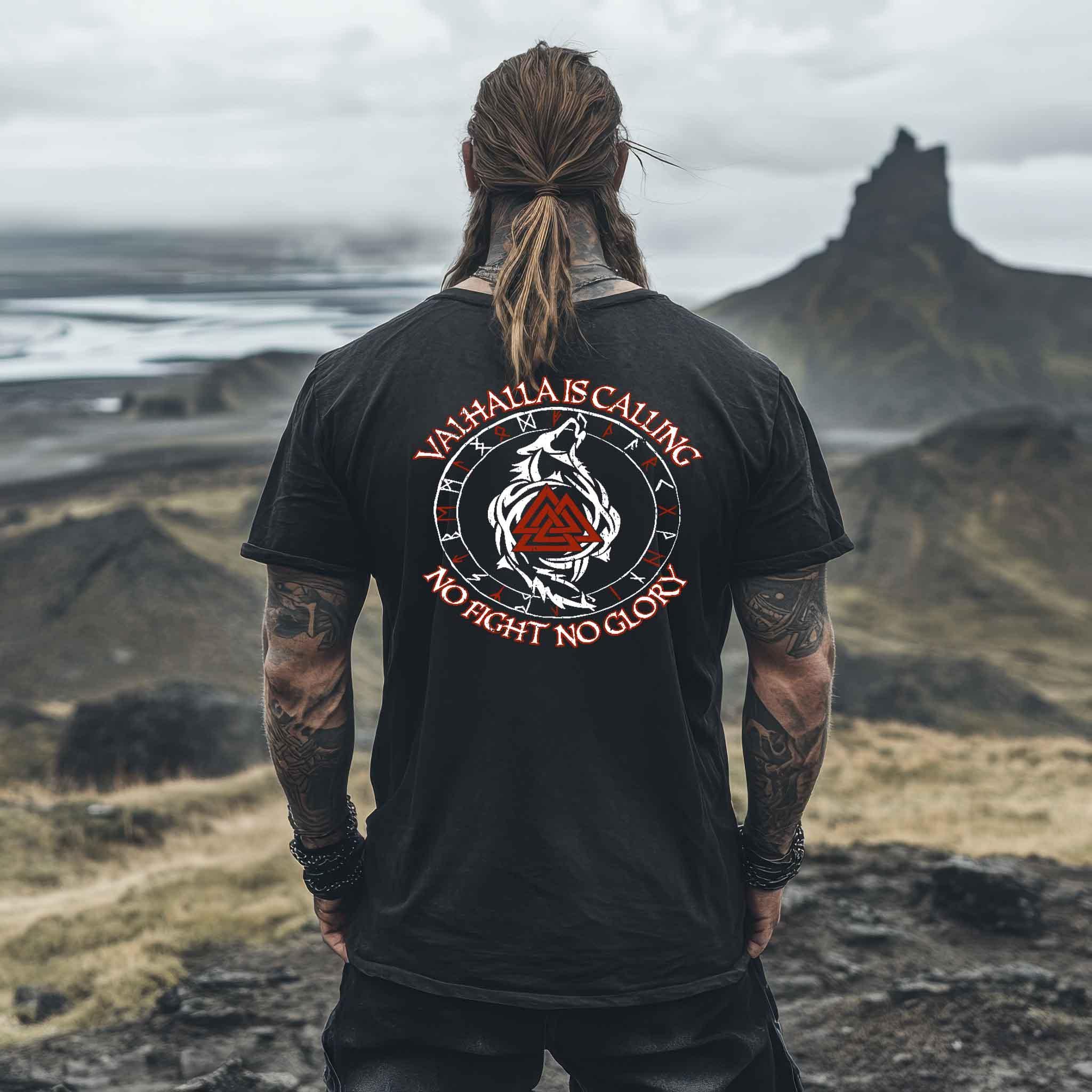 Valhalla Is Calling – No Fight No Glory | Wikinger Premiumshirt mit Runen, Wolf und Valknut - Nordic Viking Wear
