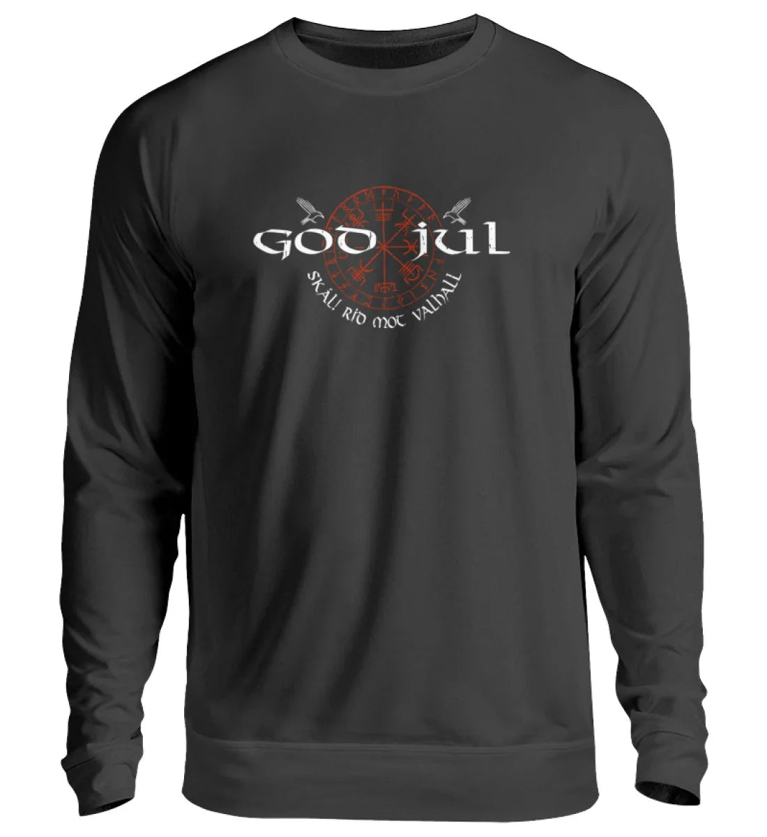 God Jul – Skål! Rid mot Valhall – Wikinger Jul Motiv mit Raben und Runenzeichen auf schwarzem Sweatshirt Deep Black-639