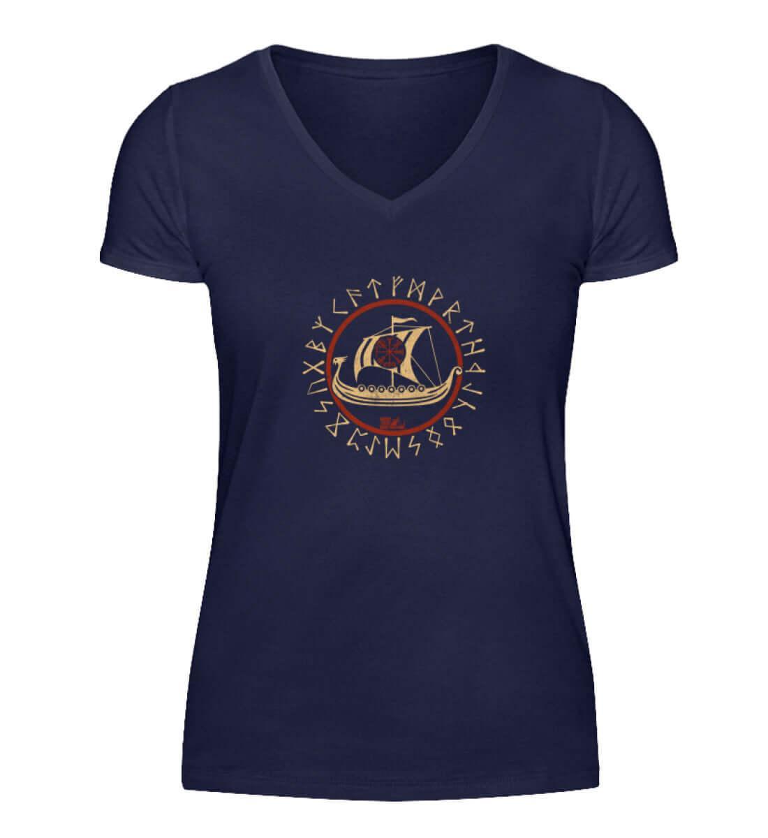 Wikinger V-Neck Vegvisir Drachenboot Design - Nordic Viking Wear