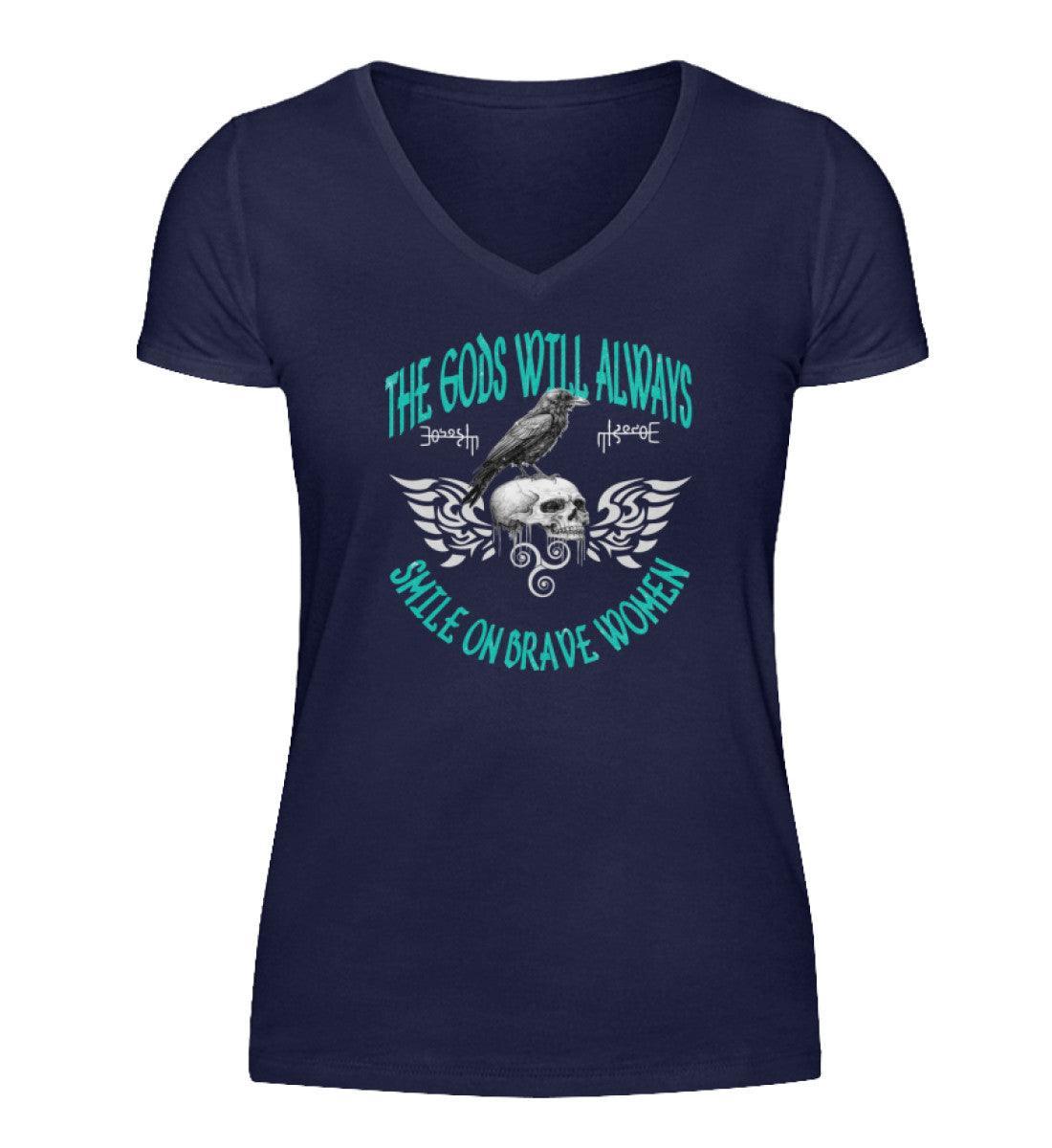 Mutige Schildmaiden V-Neck: Götter-Lächeln-Design mit Raben & Totenkopf - Nordic Viking Wear