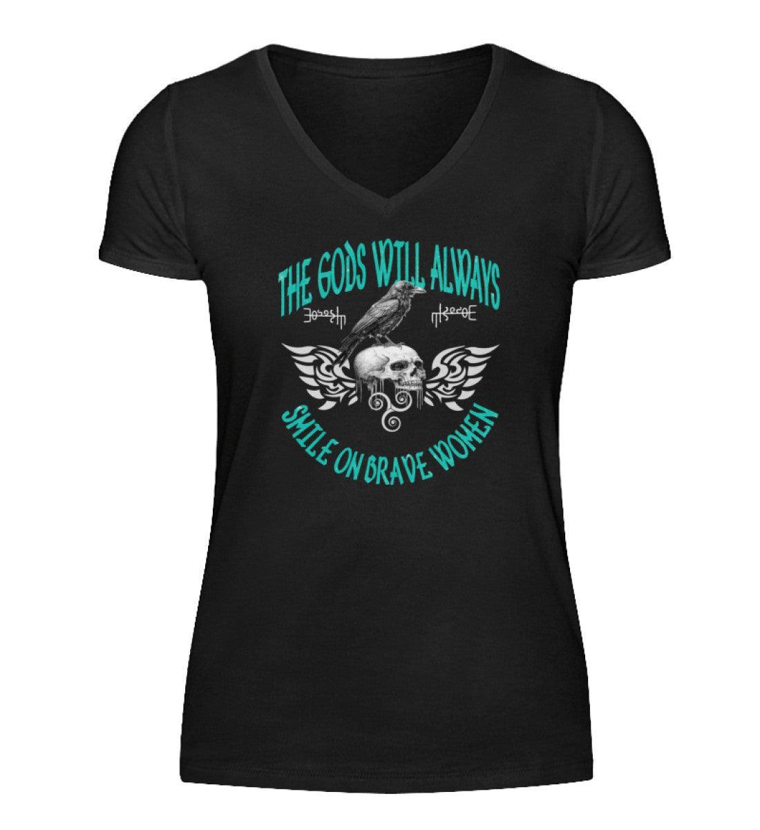 Mutige Schildmaiden V-Neck: Götter-Lächeln-Design mit Raben & Totenkopf - Nordic Viking Wear