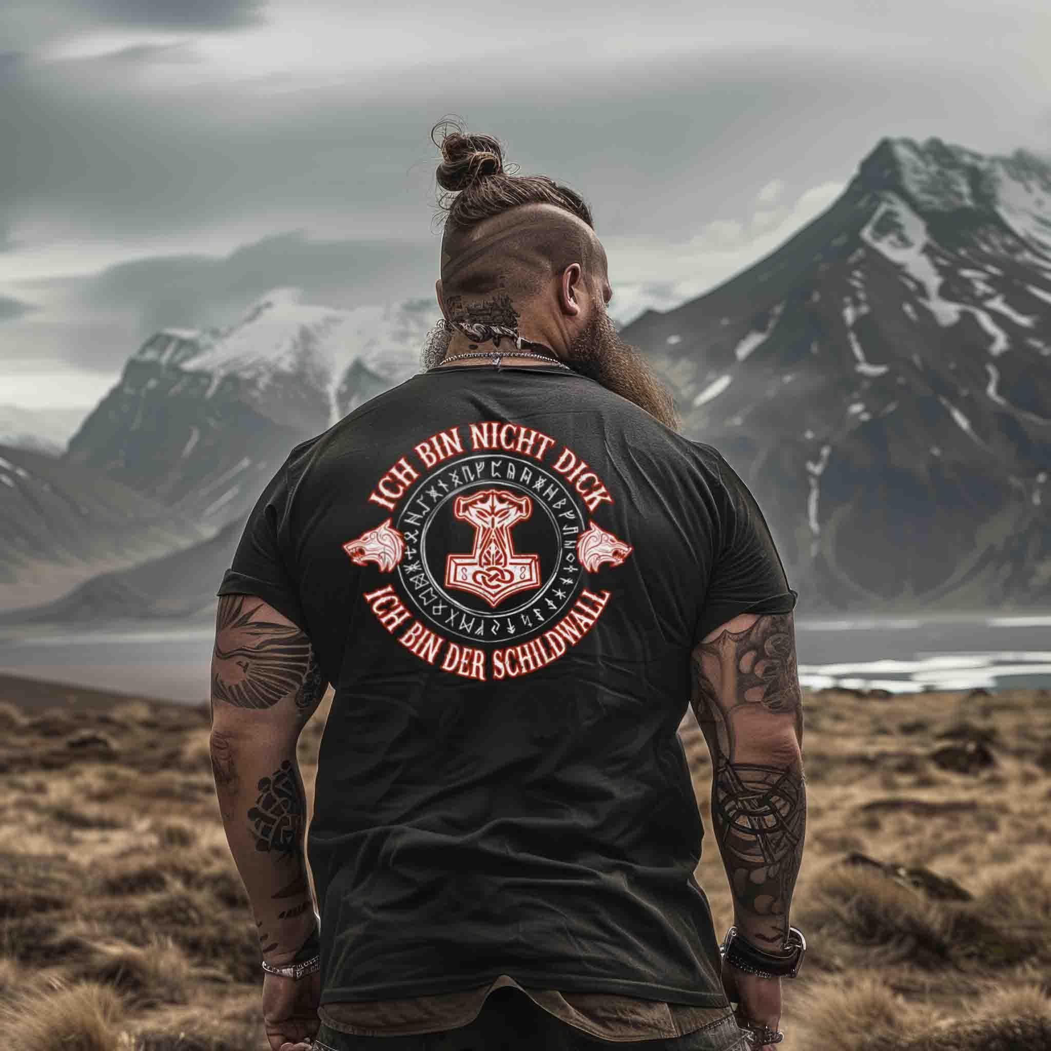 Lustiges Wikinger Backprint Shirt - "Ich Bin Nicht Dick, Ich Bin Der Schildwall" - Nordic Viking Wear