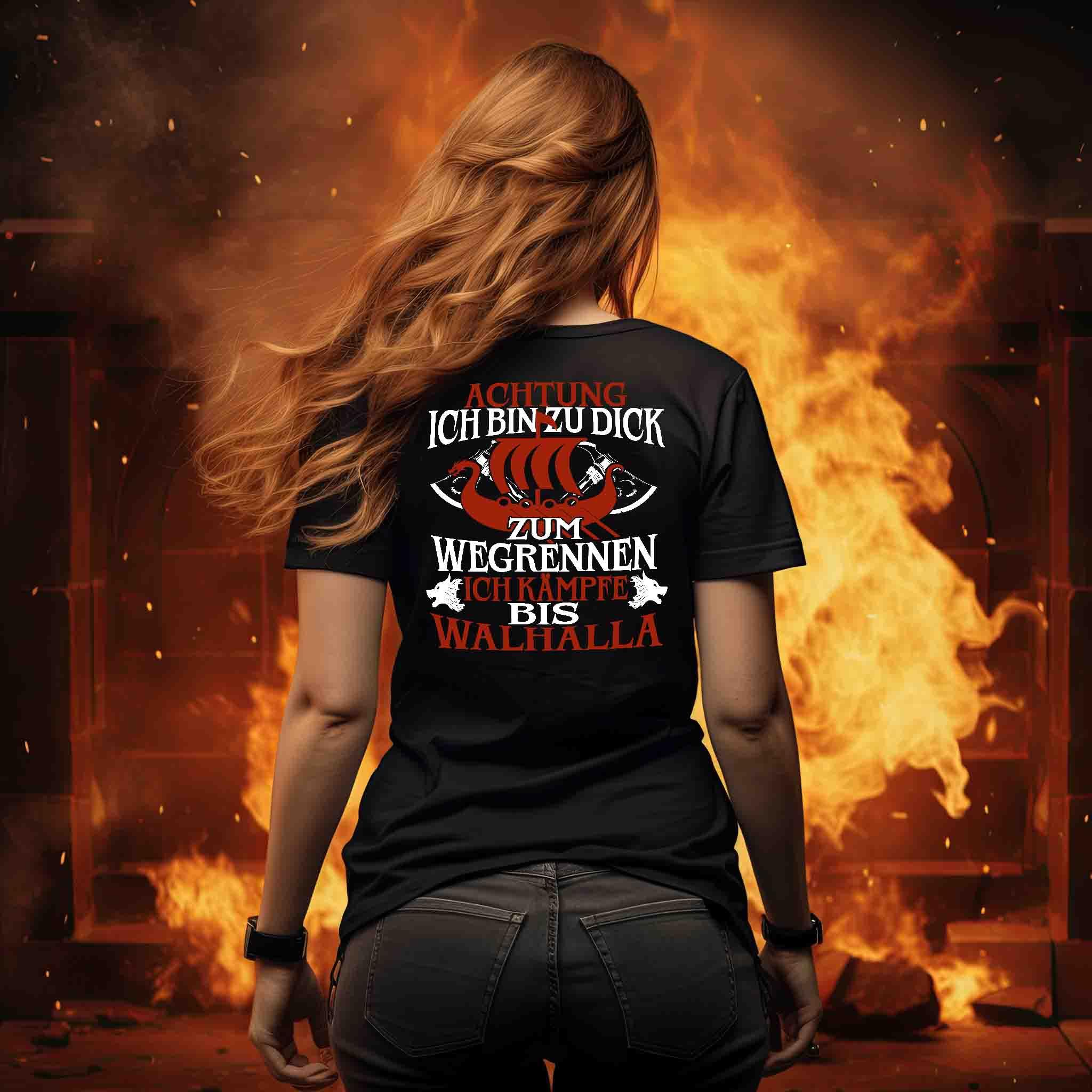 Schildmaiden Extended Shirt – „Achtung! Ich bin zu dick zum Wegrennen, ich kämpfe bis Walhalla“ - Nordic Viking Wear