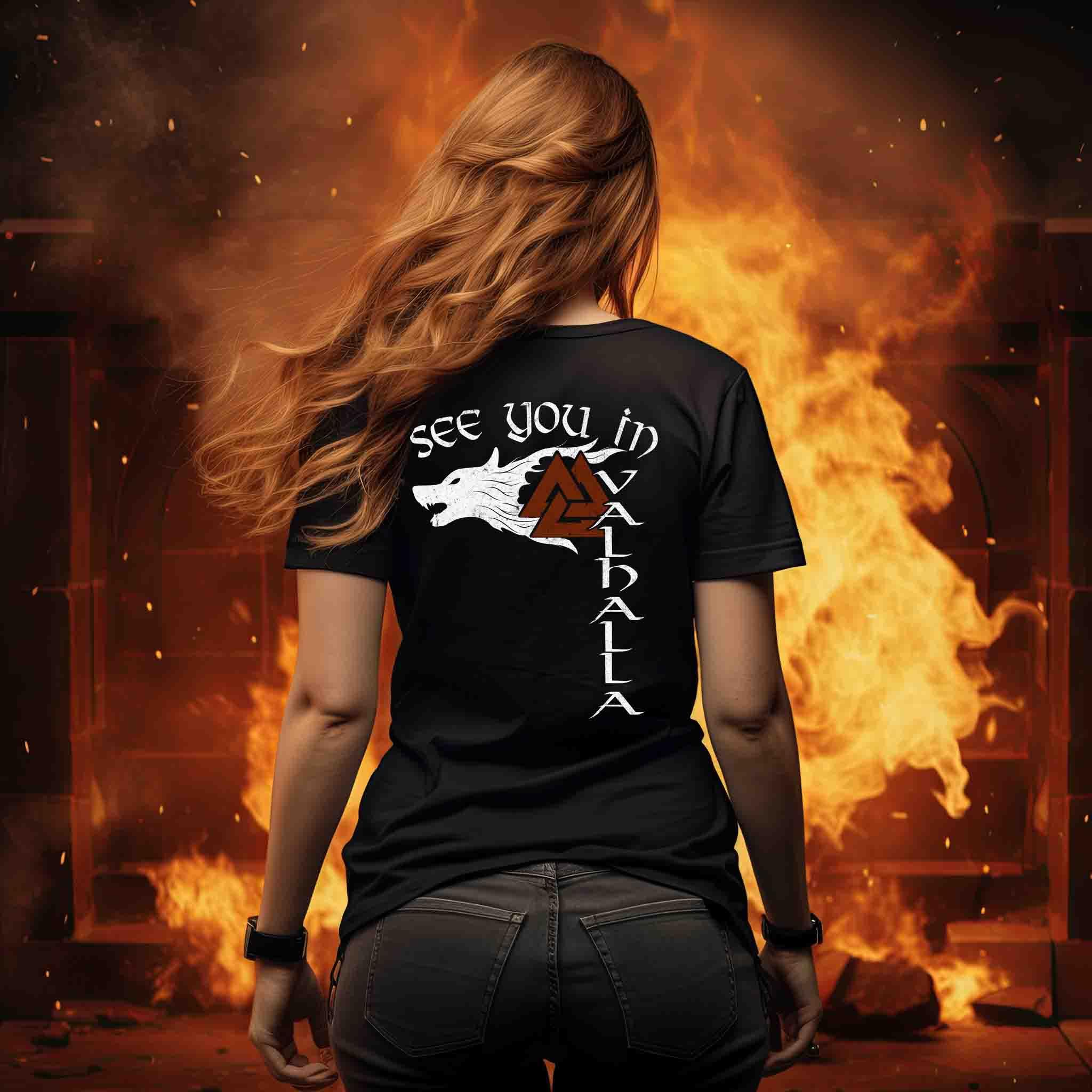 Extended Shirt – See You in Valhalla mit Wolf und Valknut - Nordic Viking Wear