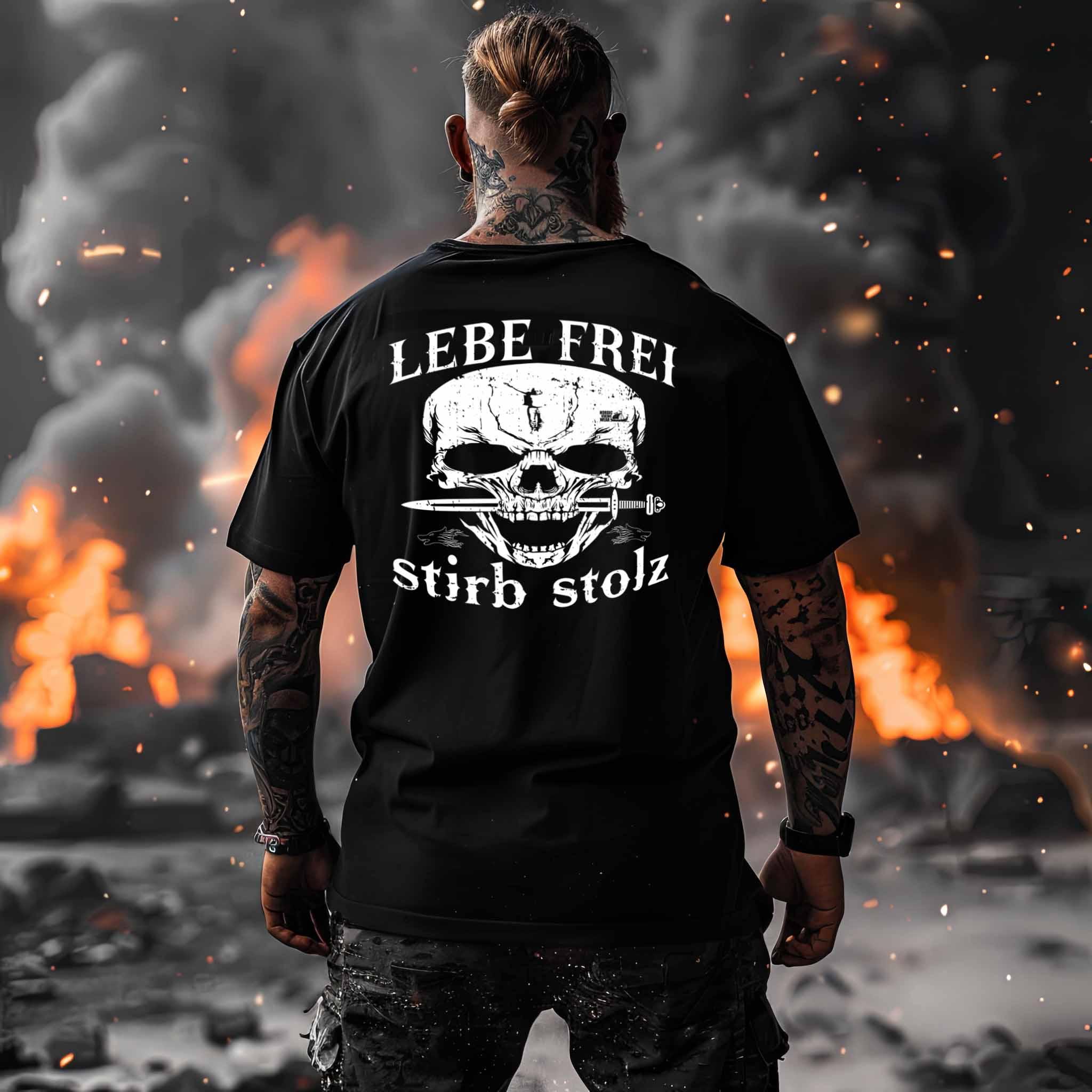 Lebe Frei, Stirb Stolz – Wikinger Premiumshirt Backside mit Totenkopf und Schwert-Design - Nordic Viking Wear