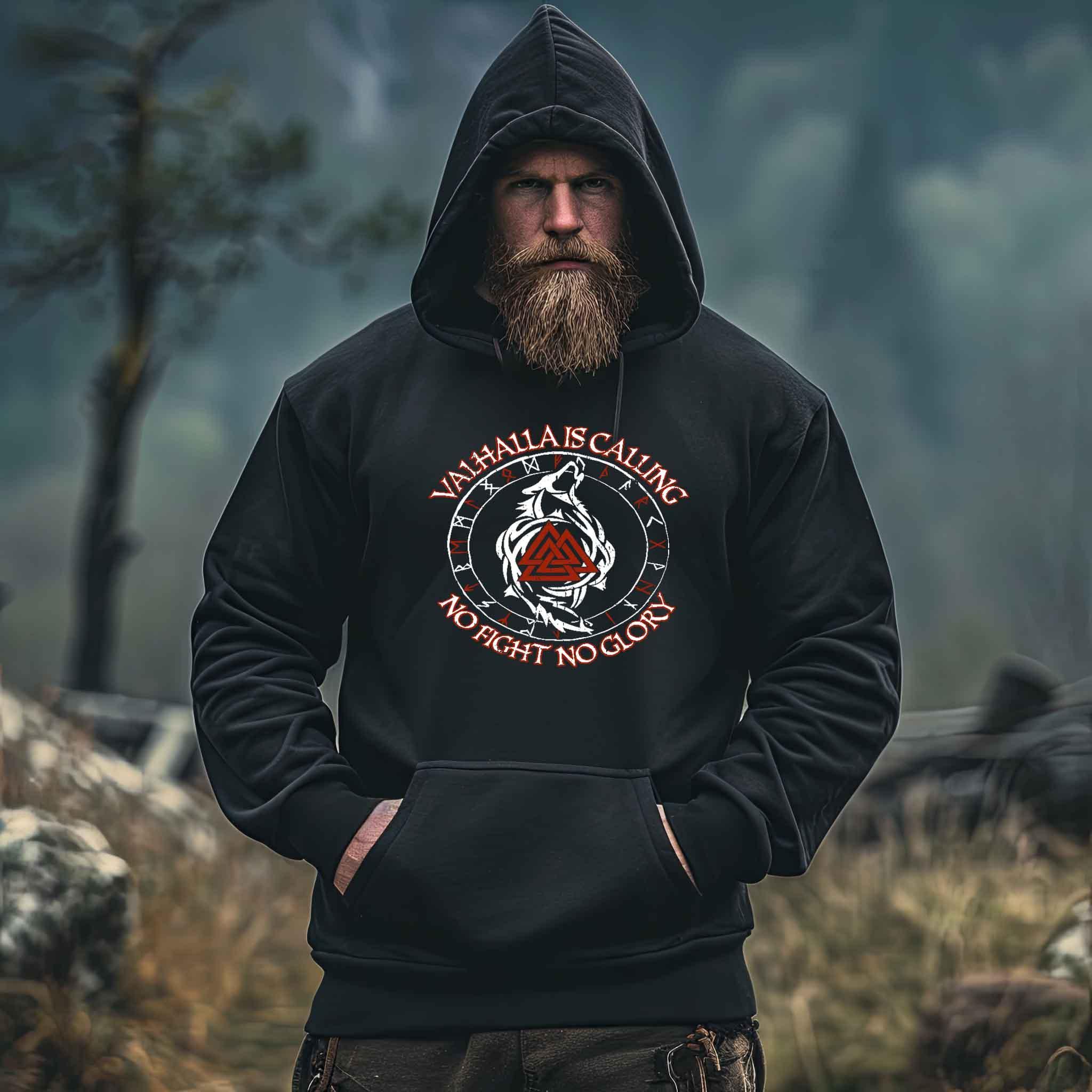 Valhalla Is Calling – No Fight No Glory | Premium Hoodie mit Runen, Wolf und Valknut - Nordic Viking Wear