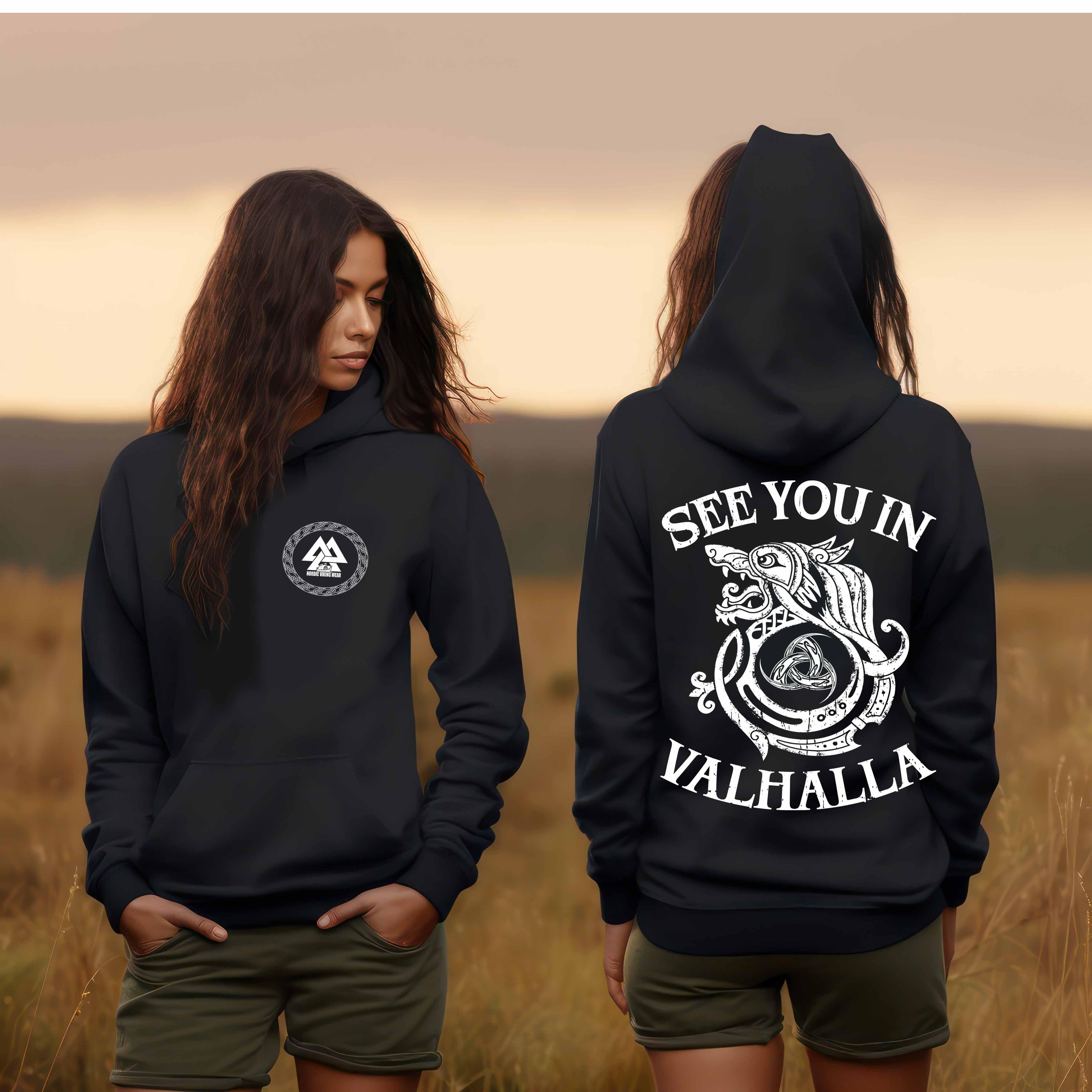 Schildmaiden Hoodie - "See You In Valhalla" - Mit Valknut & Odins Gjallarhorn