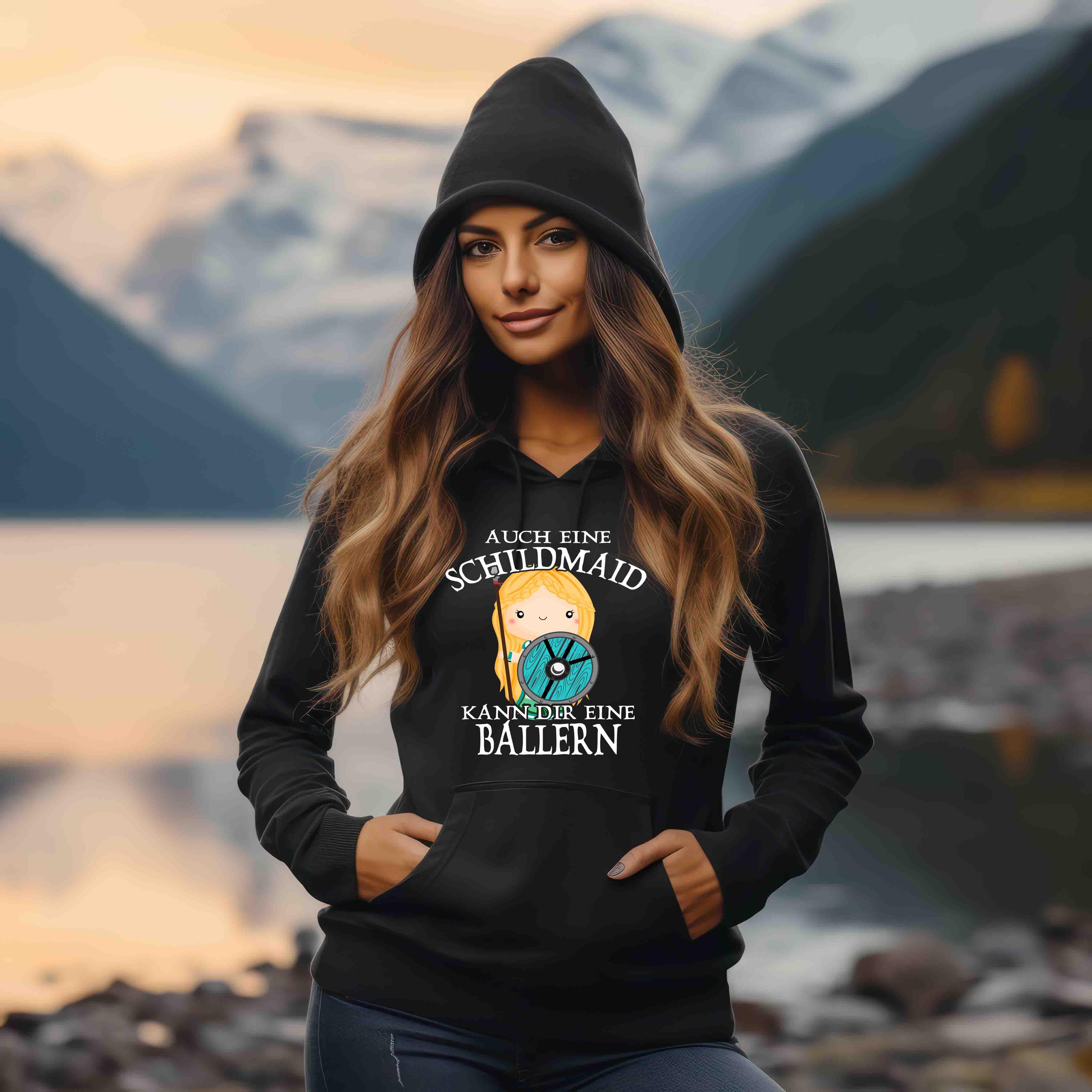 Lustiges Schildmaid Hoodie - "Auch eine Schildmaid kann dir eine ballern" - Humorvolles Wikinger Design