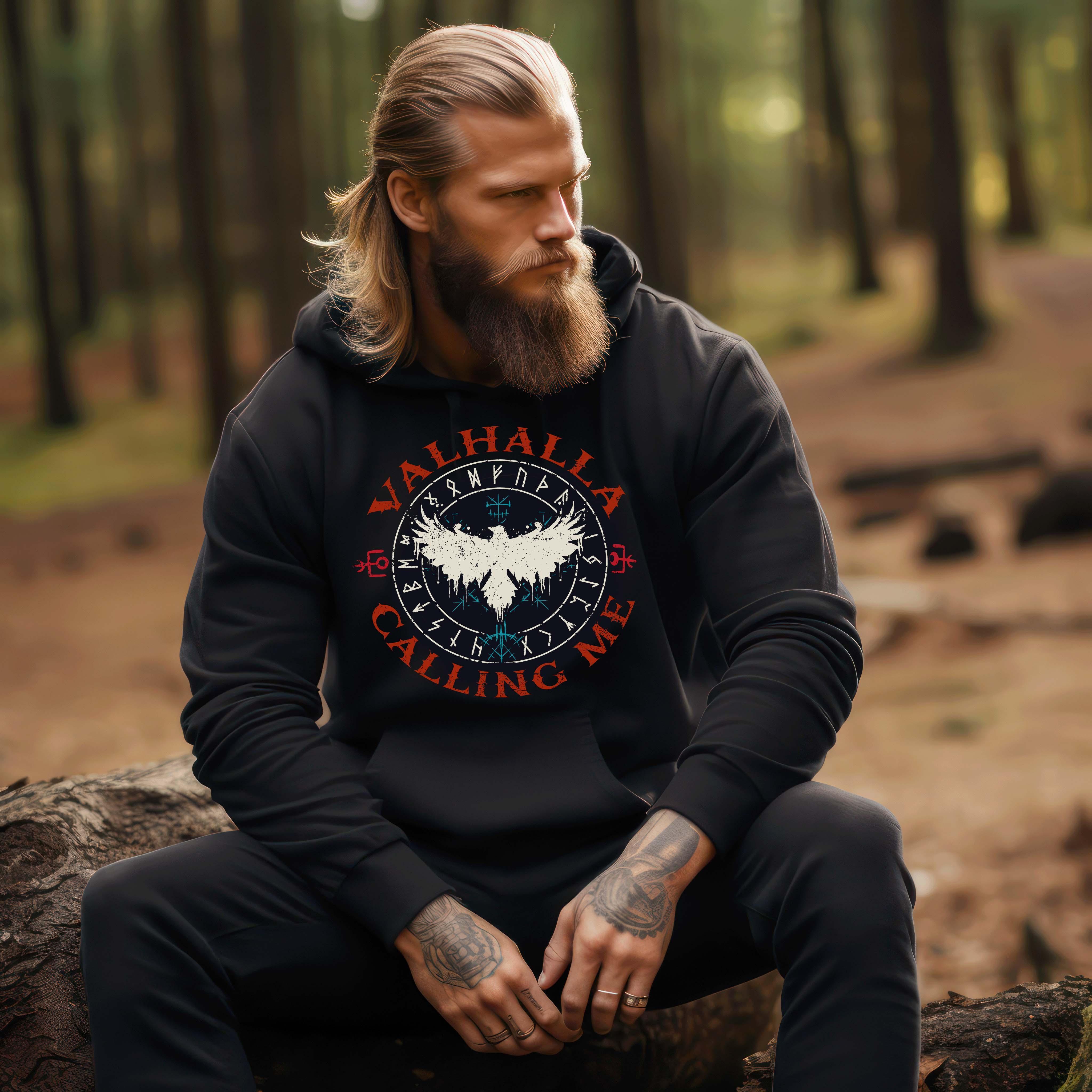 Wikinger Hoodie "Valhalla Calling Me" – Mit Raben-Symbolik & Runenkreis - Nordic Viking Wear