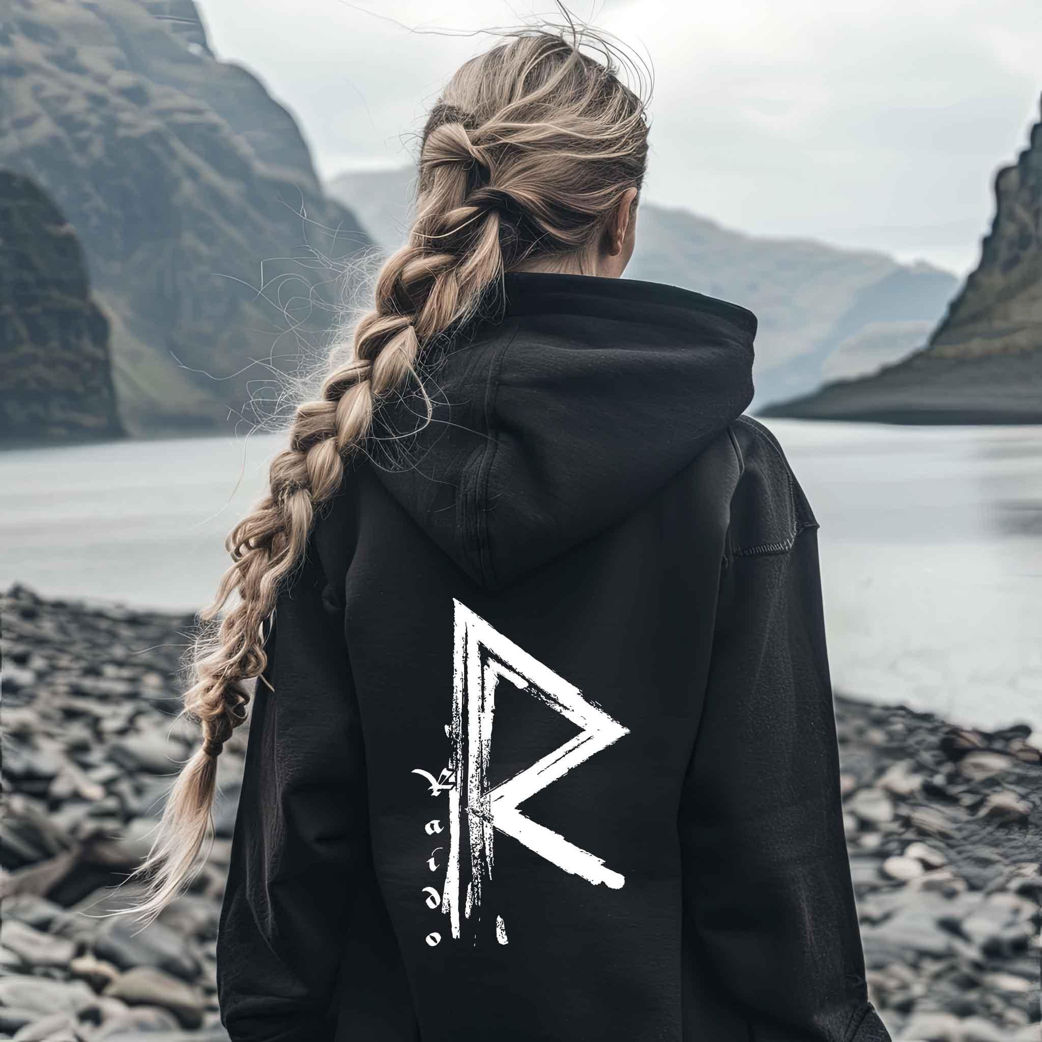 Wikinger Heavy Vintage Hoodie Rune Raido-Hoodie – Der Weg des Reisenden - Nordic Viking Wear