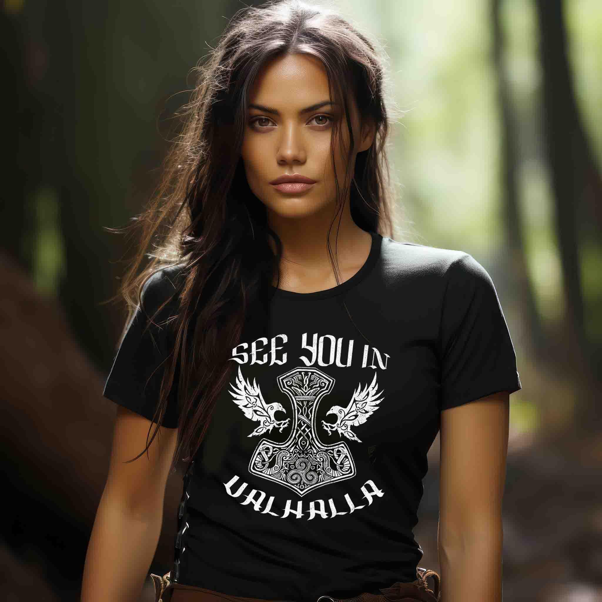 See You In Valhalla" Schildmaiden Premiumshirt – Ehrenvolles Krieger-Design - Nordic Viking Wear
