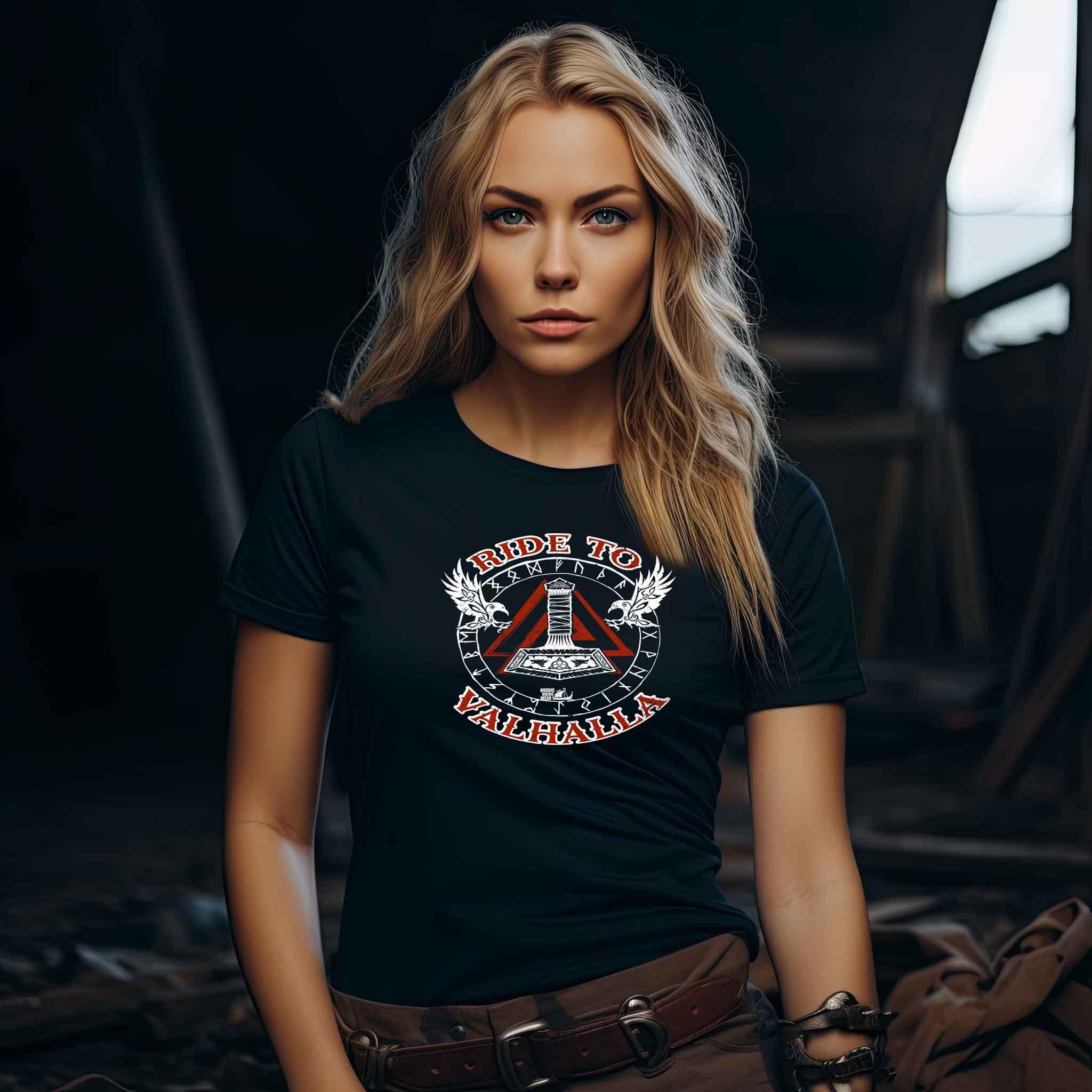 Schildmaiden Extended Shirt – "Ride to Valhalla" mit Mjölnir-Design - Nordic Viking Wear