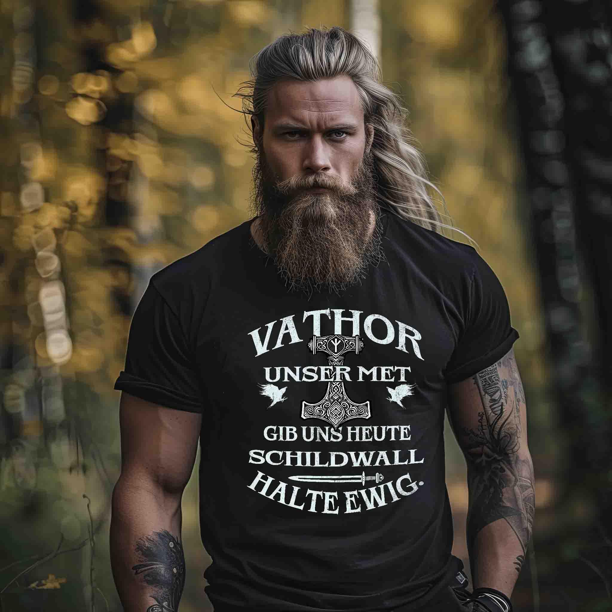 Wikinger Premiumshirt Frontprint Vathor-Unser-Met-Gib-Uns-Heute-Schildwall-Halte-Ewig.