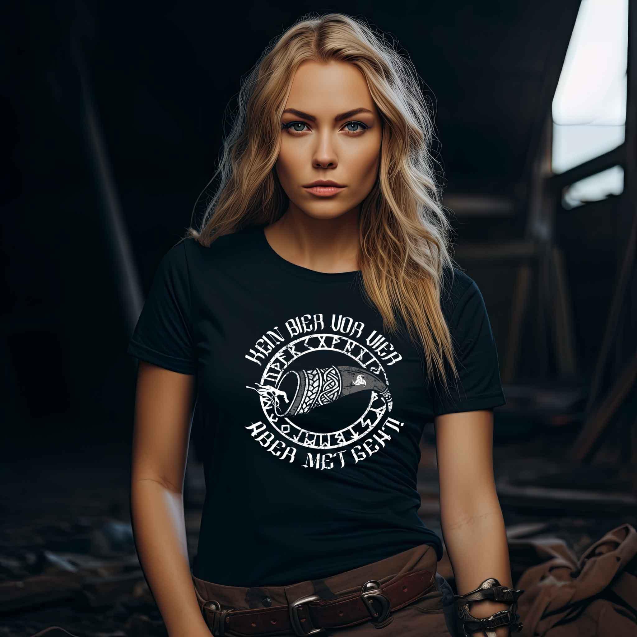 Schildmaiden Extendet Shirt – „Kein Bier vor Vier, aber Met geht“-Design - Nordic Viking Wear