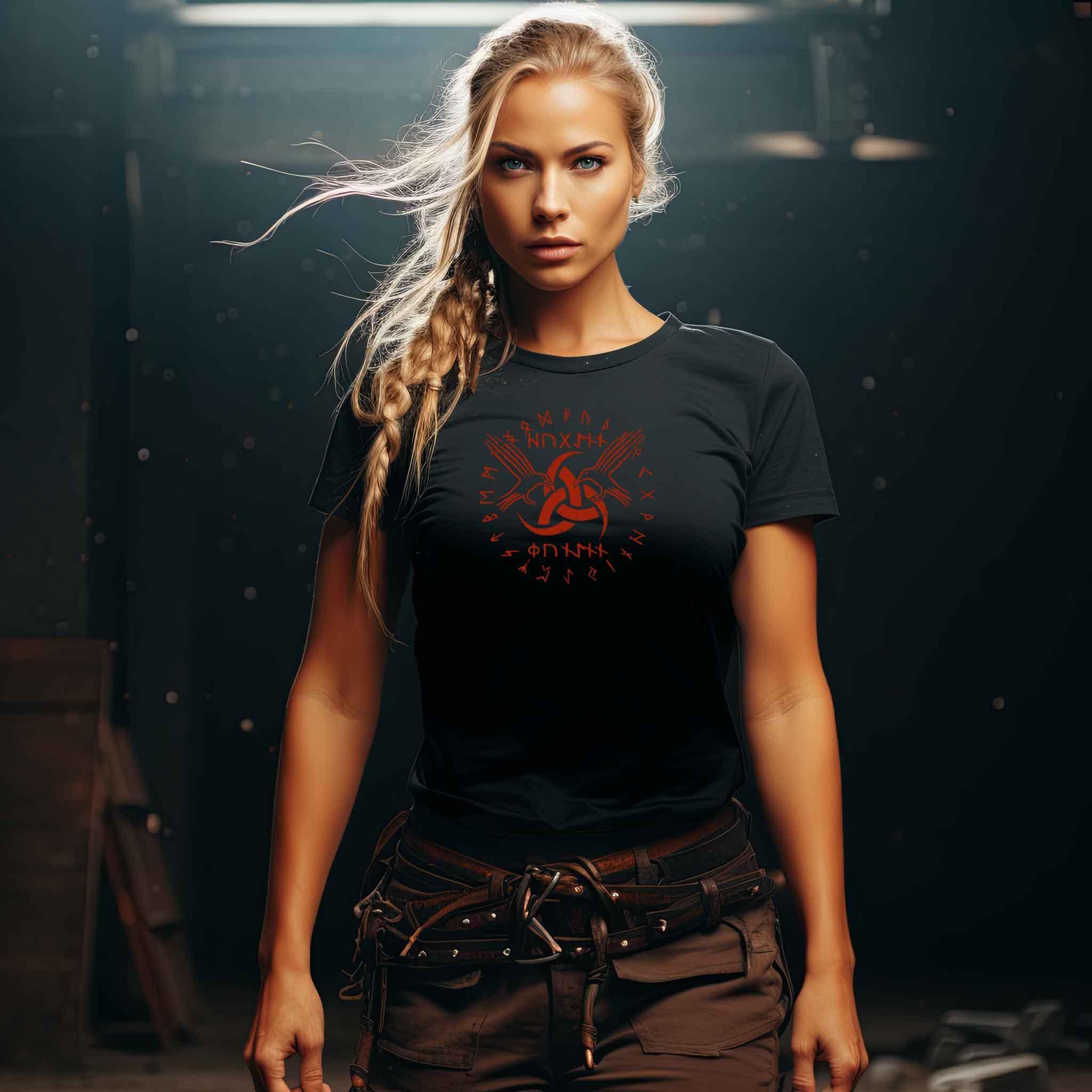 Schildmaiden-Premiumshirt "Odins Boten" - Huginn und Muninn mit Gjallarhorn - Nordic Viking Wear