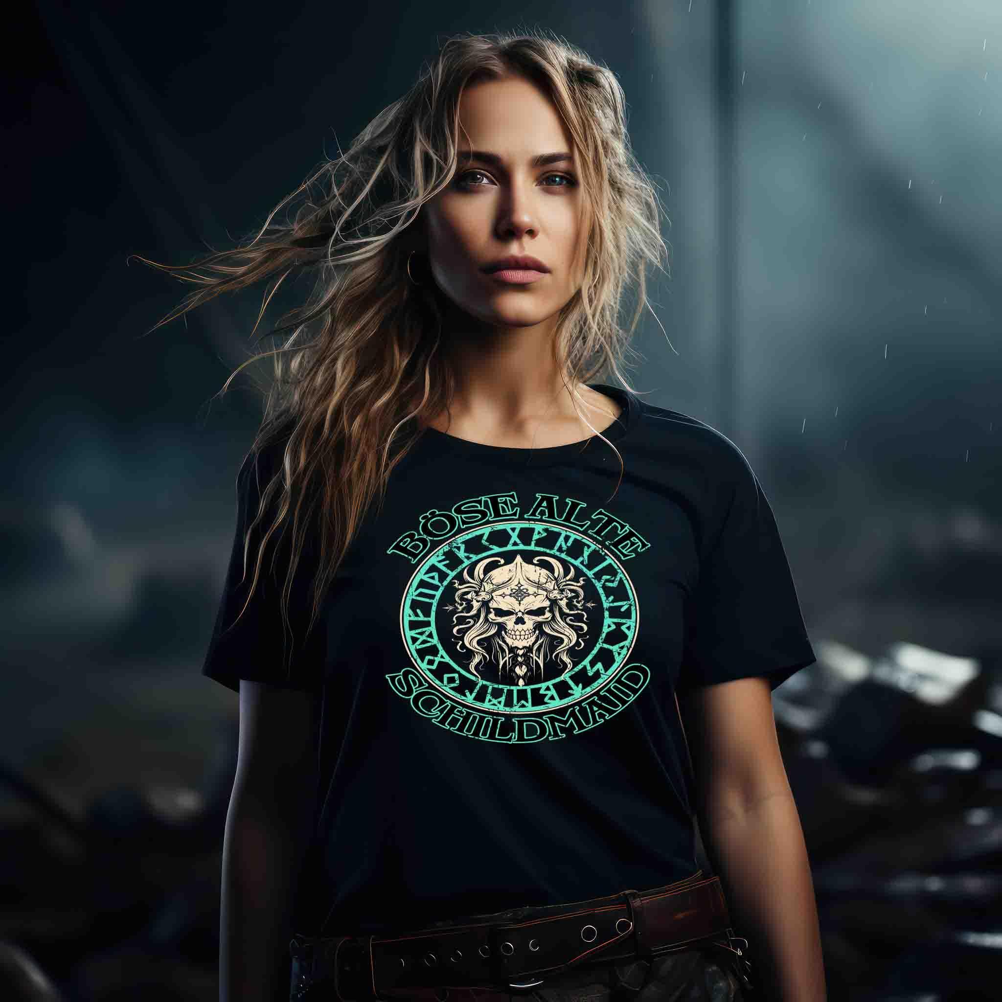 "Böse Alte Schildmaid" Premiumshirt – Humorvolles Wikinger-Shirt mit Charakter - Nordic Viking Wear