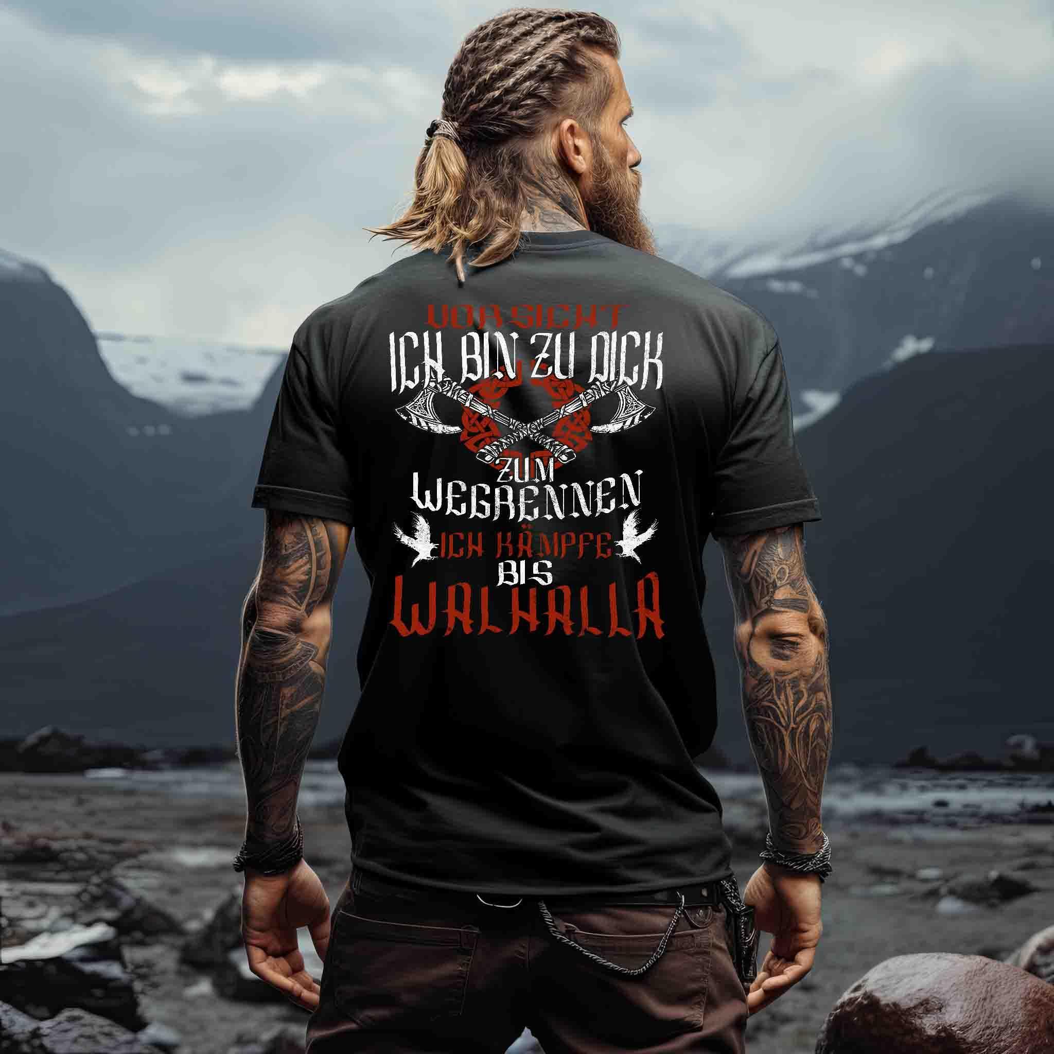 "Lustiges Wikinger-Premiumshirt – 'Ich bin zu dick zum Wegrennen - Nordic Viking Wear