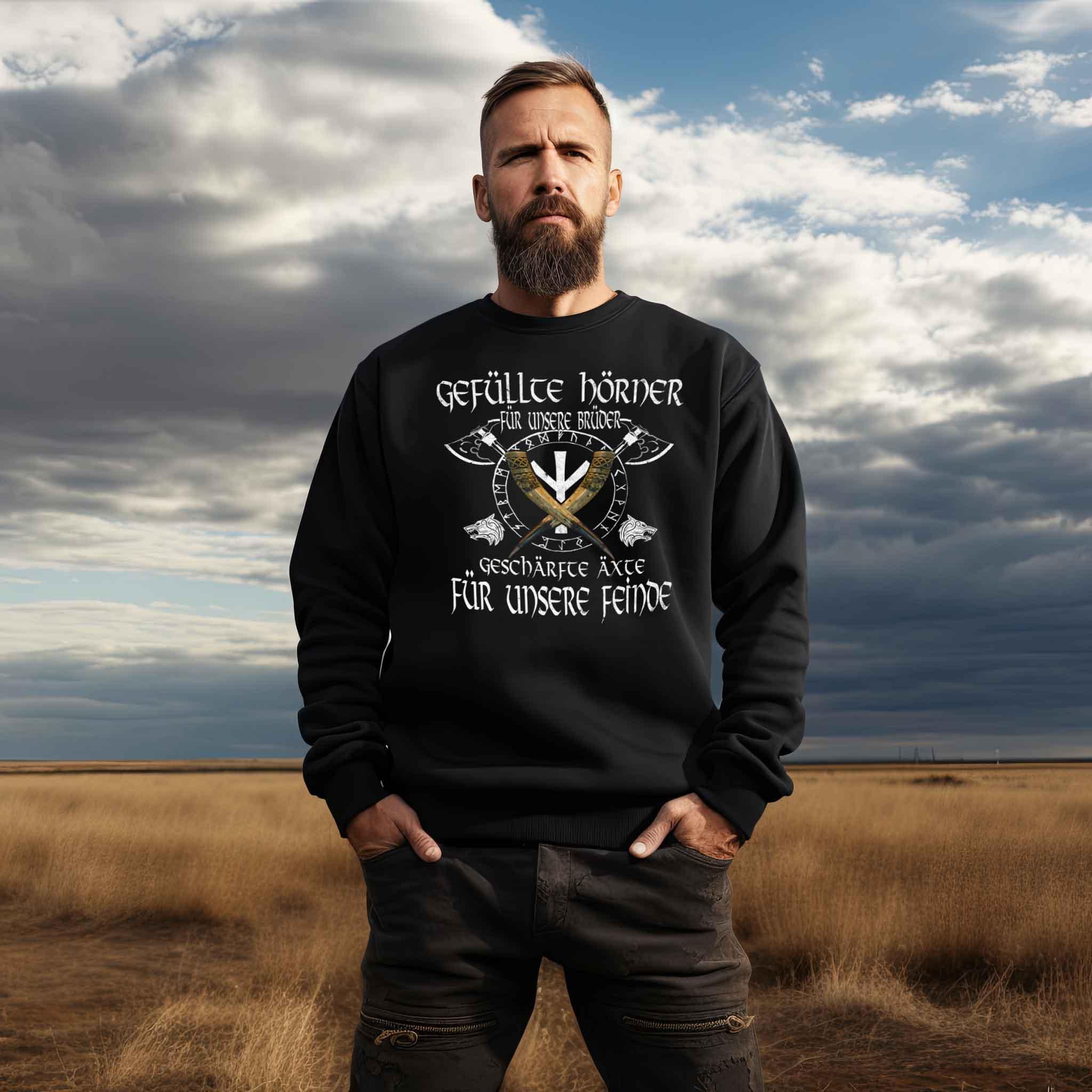 Wikinger Sweatshirt Gefüllte Hörner Rune Algiz - Unisex Pullover - Nordic Viking Wear