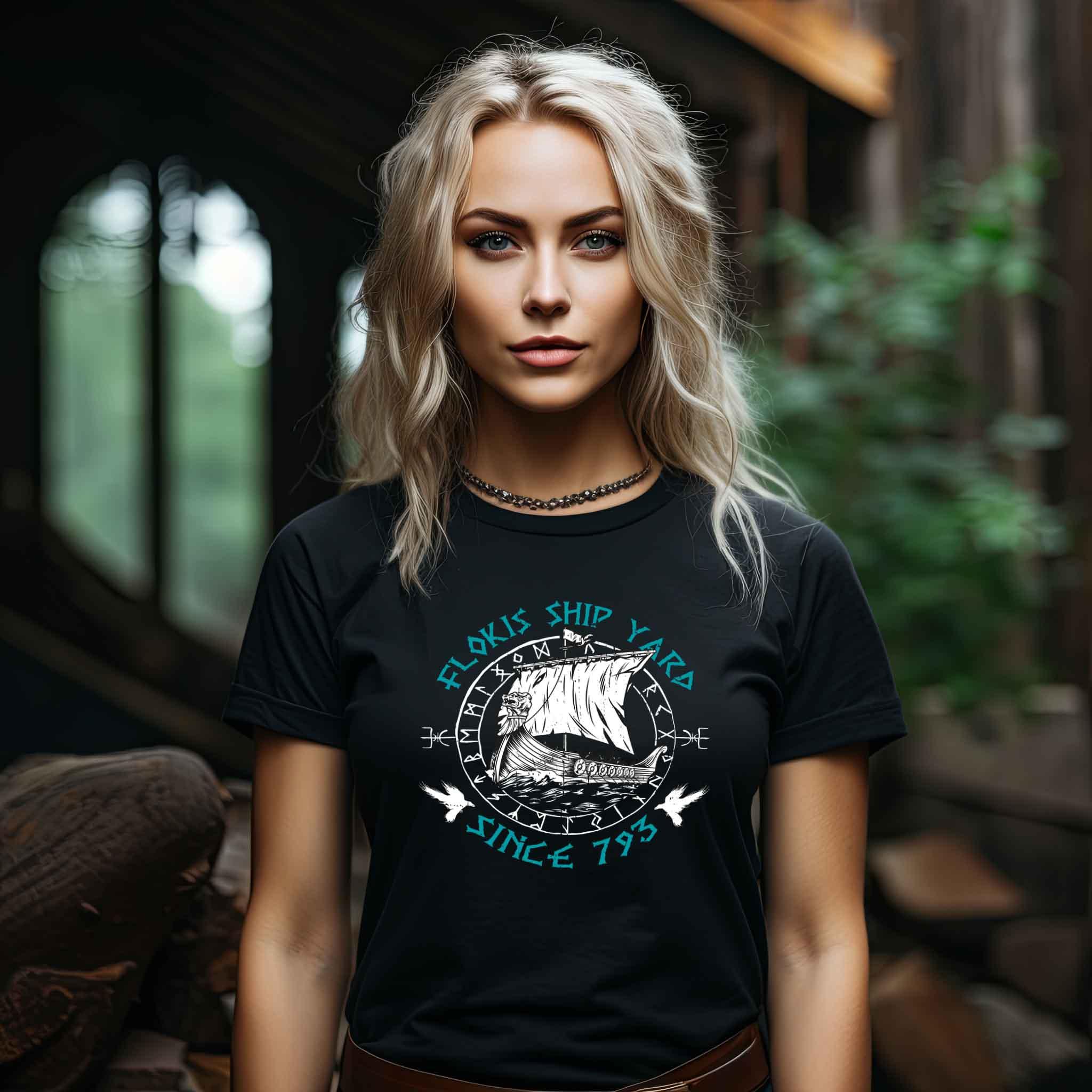 Schildmaiden Extended Shirt – „Flokis Ship Yard Since 793 – Wikinger Drachenboot Design“ - Nordic Viking Wear