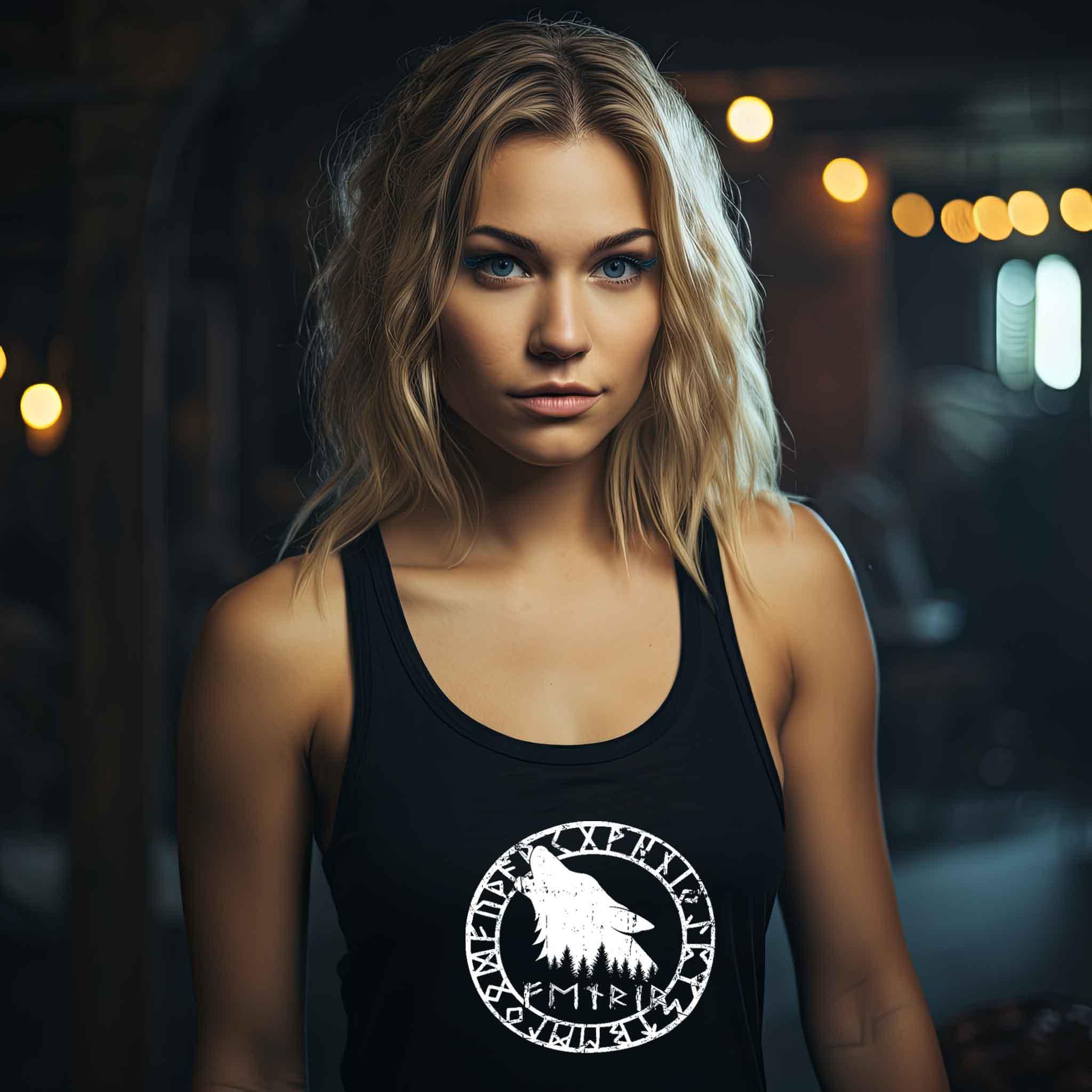 "Fenrir Runenkreis" Schildmaiden-Tank Top – Verkörpere die Macht des legendären Wolfs - Nordic Viking Wear