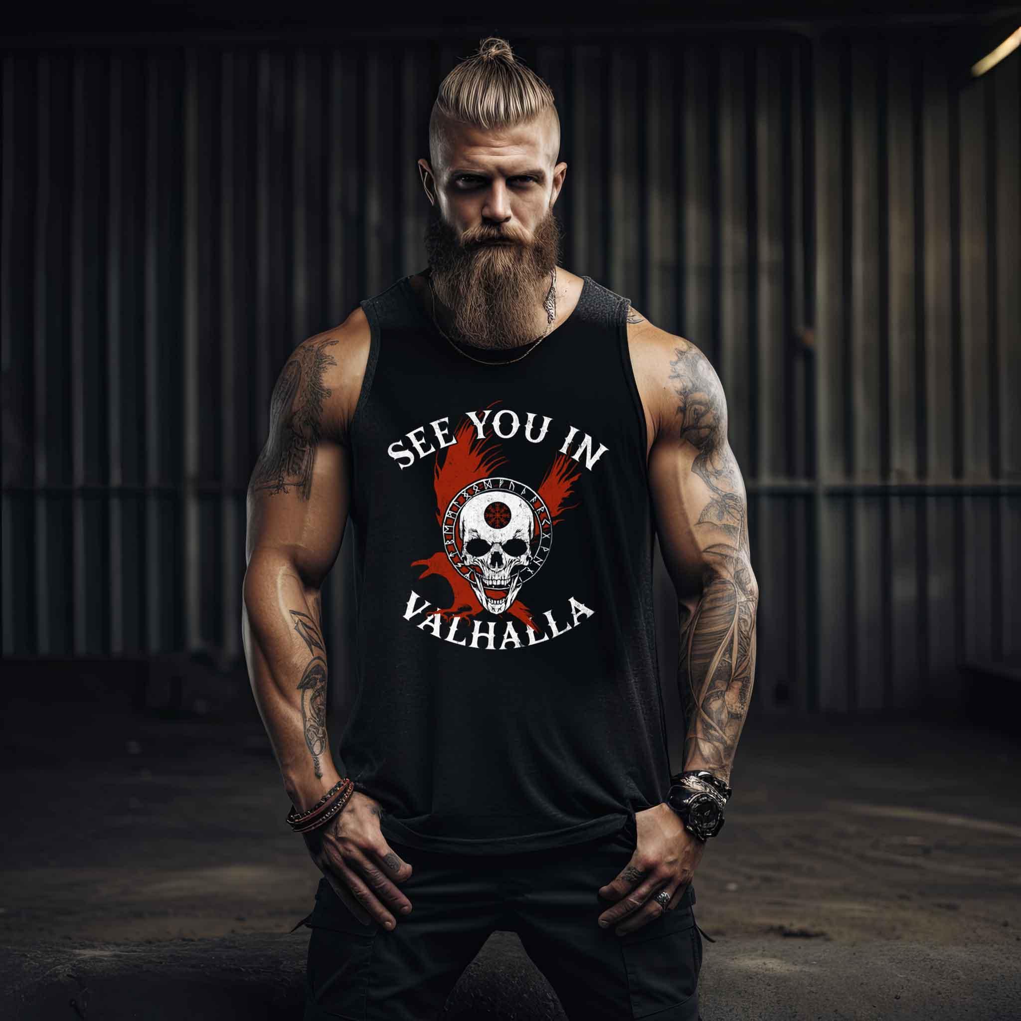 Wikinger-Tanktop "See You in Valhalla" mit Helm of Awe-Schädel - Nordic Viking Wear