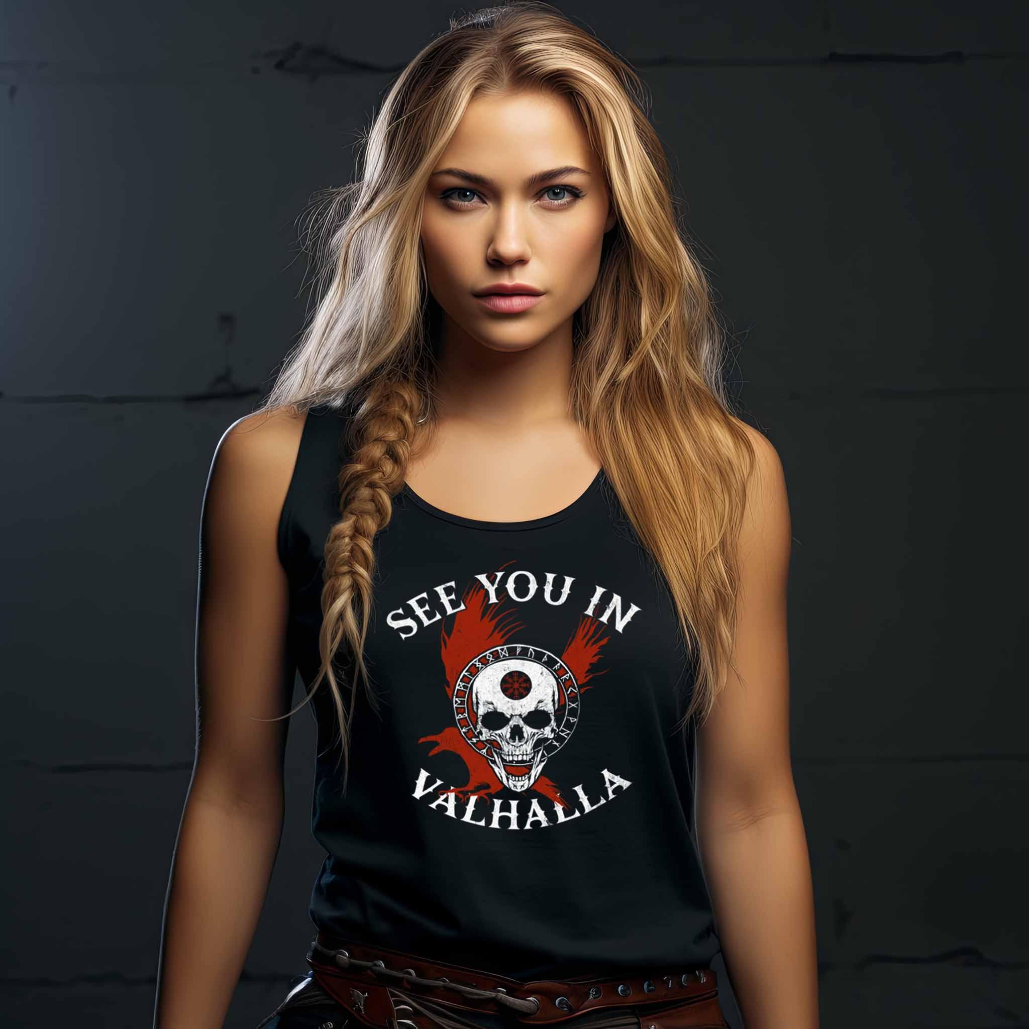 Schildmaiden-Tanktop "See You in Valhalla" mit Helm of Awe-Schädel - Nordic Viking Wear