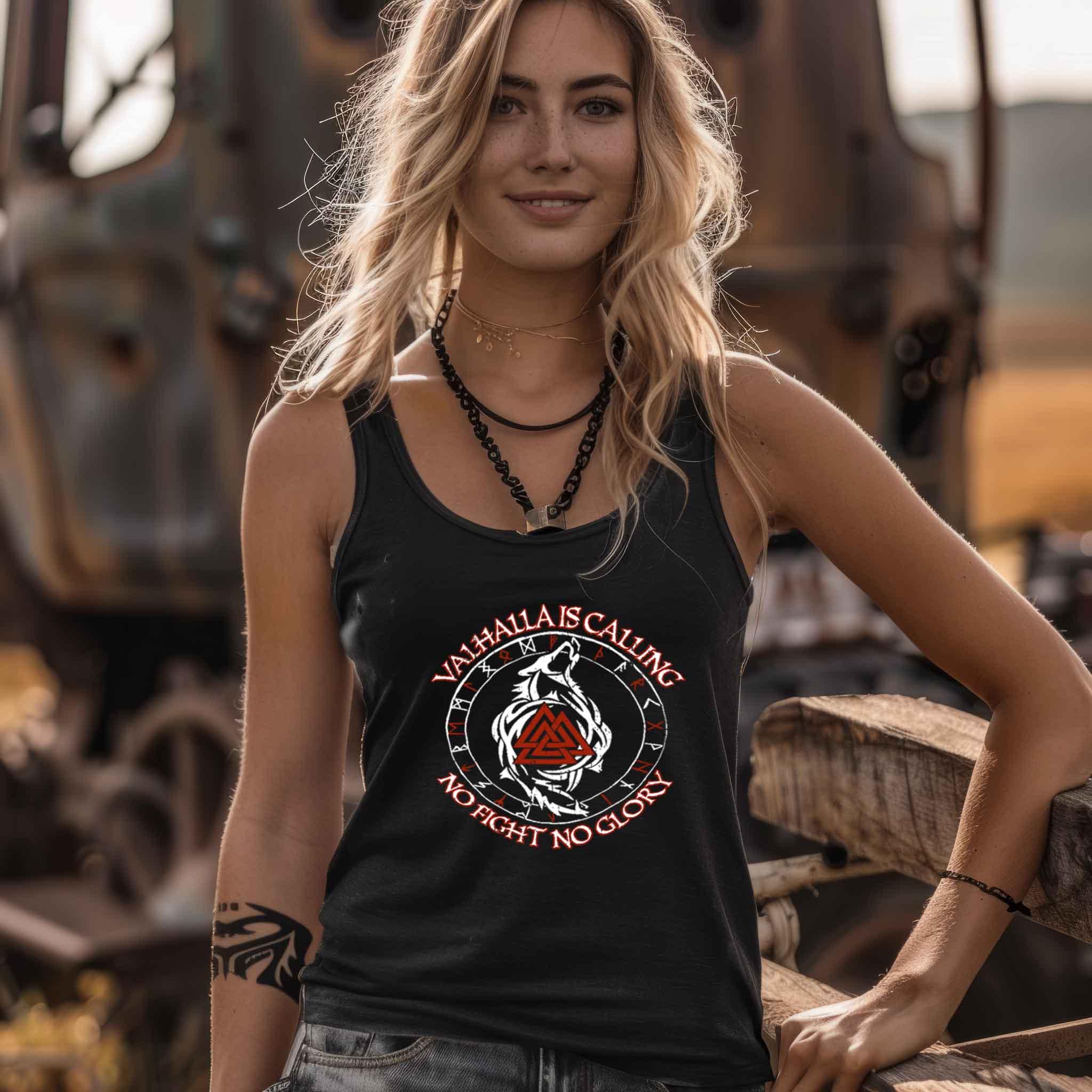 Valhalla Is Calling – No Fight No Glory | Schildmaiden Tanktop mit Runen, Wolf und Valknut - Nordic Viking Wear