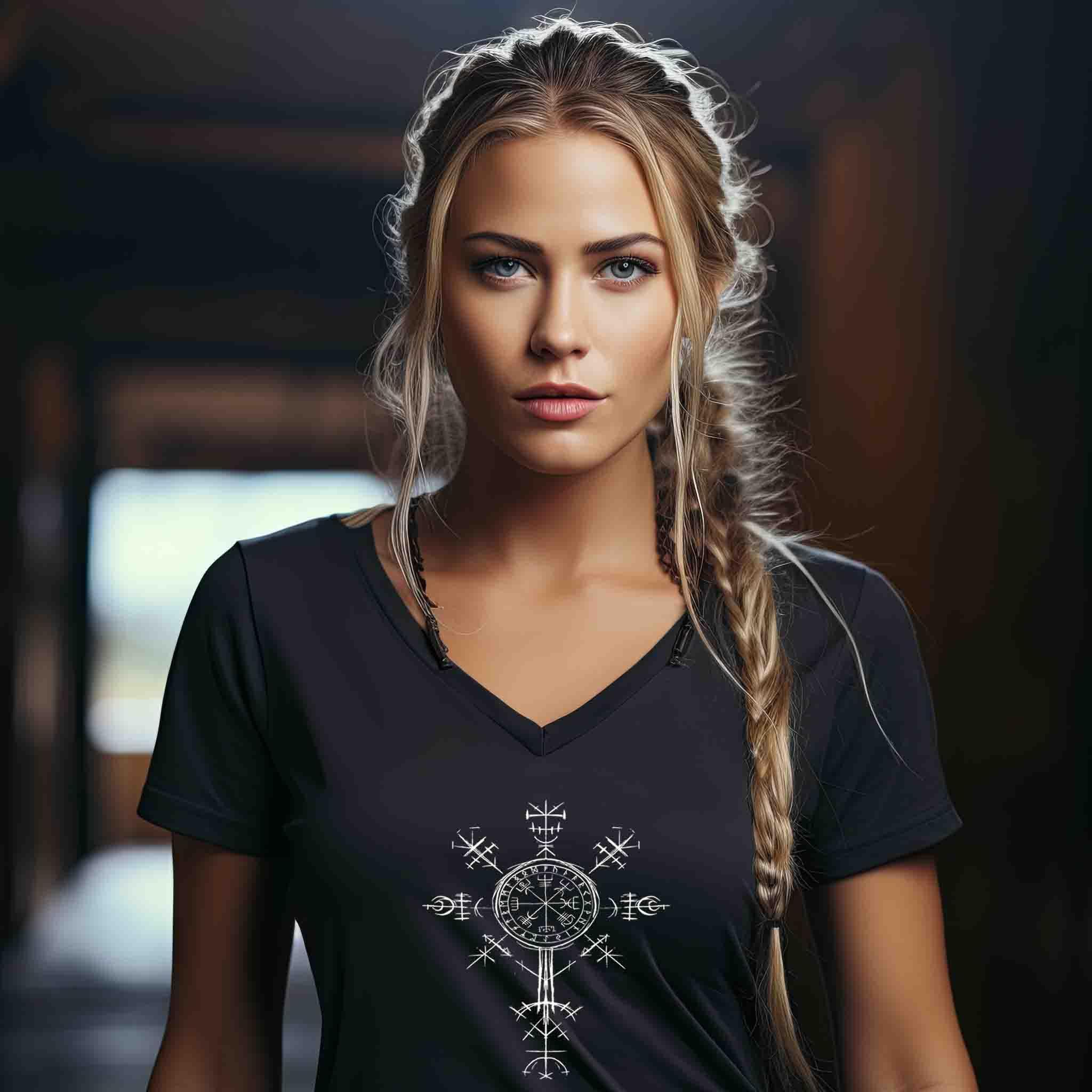 "Vegvísir Nordischer Kompass" Schildmaiden-V-Neck – Leite Deinen Weg - Nordic Viking Wear