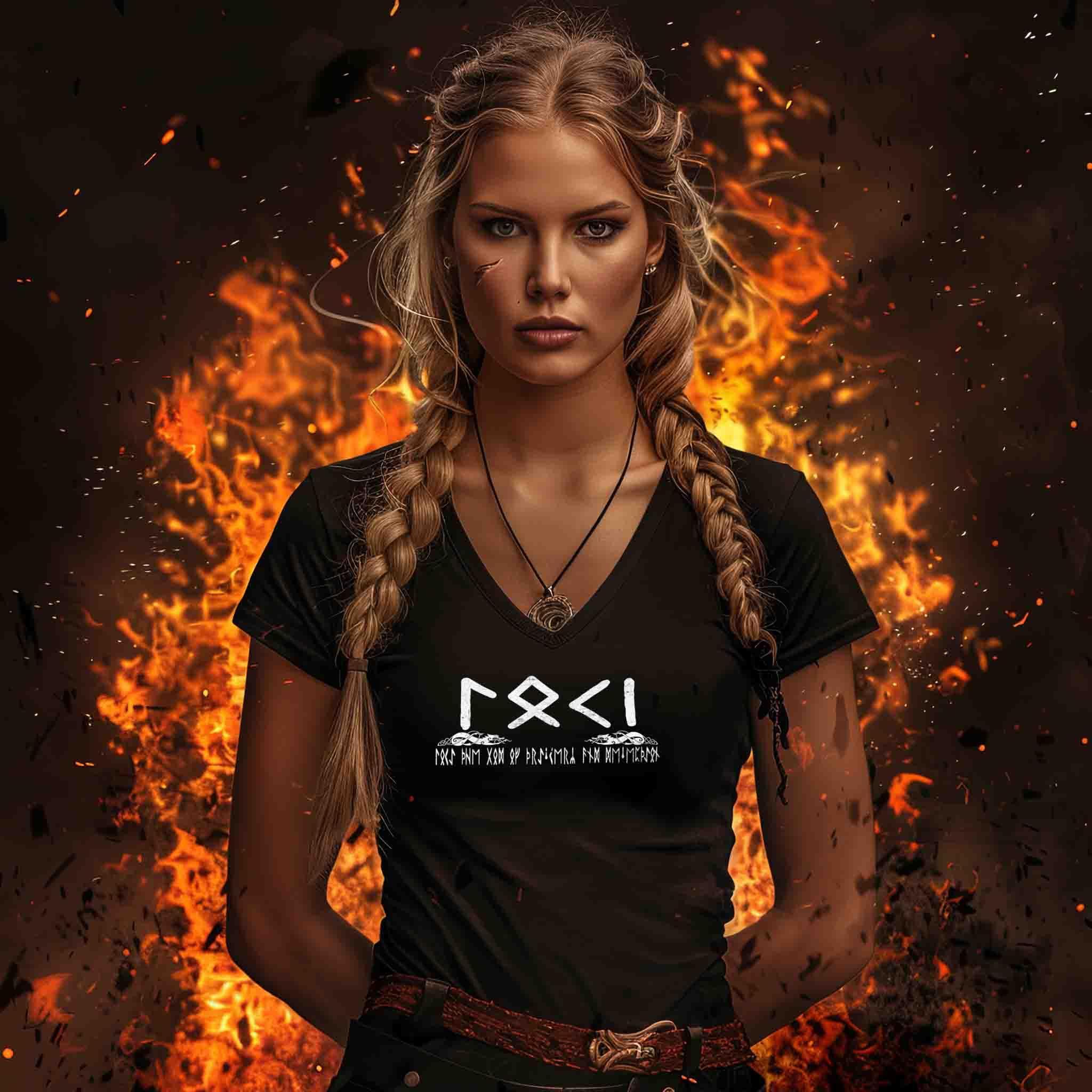 Loki Runenschrift Schildmaiden-V-Neck – Nordischer Gott der List und Täuschung - Nordic Viking Wear