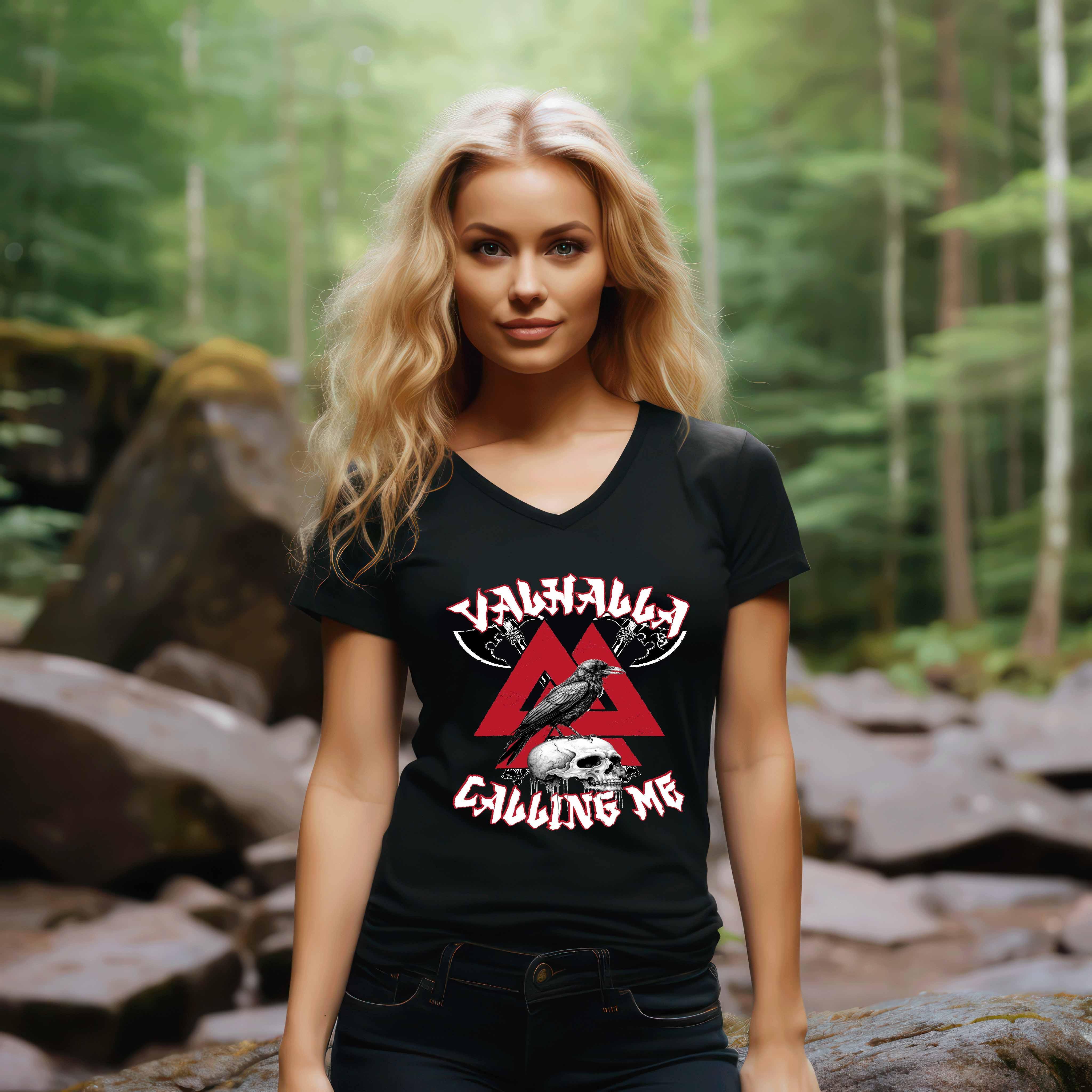 Schildmaiden V-Neck "Valhalla Calling Me" - Mit Valknut-Symbol, gekreuzten Äxten & Raben - Nordic Viking Wear
